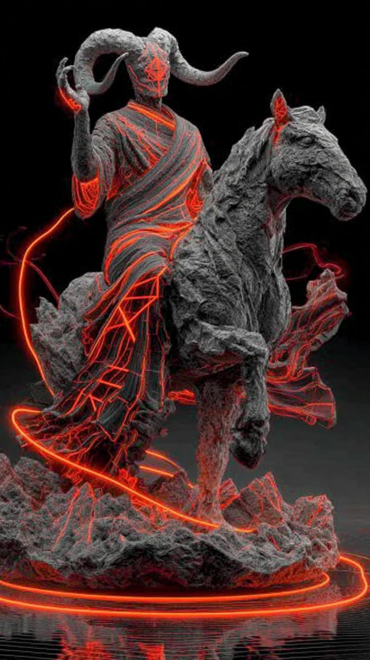 Futuristic fiery humanoid figure with twisted horns made of hot basalt and magma texture, with head decorated with glowing neon red geometric shapes and rocky burning texture, , flaming toga fluttering in the wind, figure riding neon steed on reflective surface, background mountain with neon white burning liquid flowing on minimalistic textured dark background, grotesque, smoky swirl, bright colors, fracture, pencil drawing