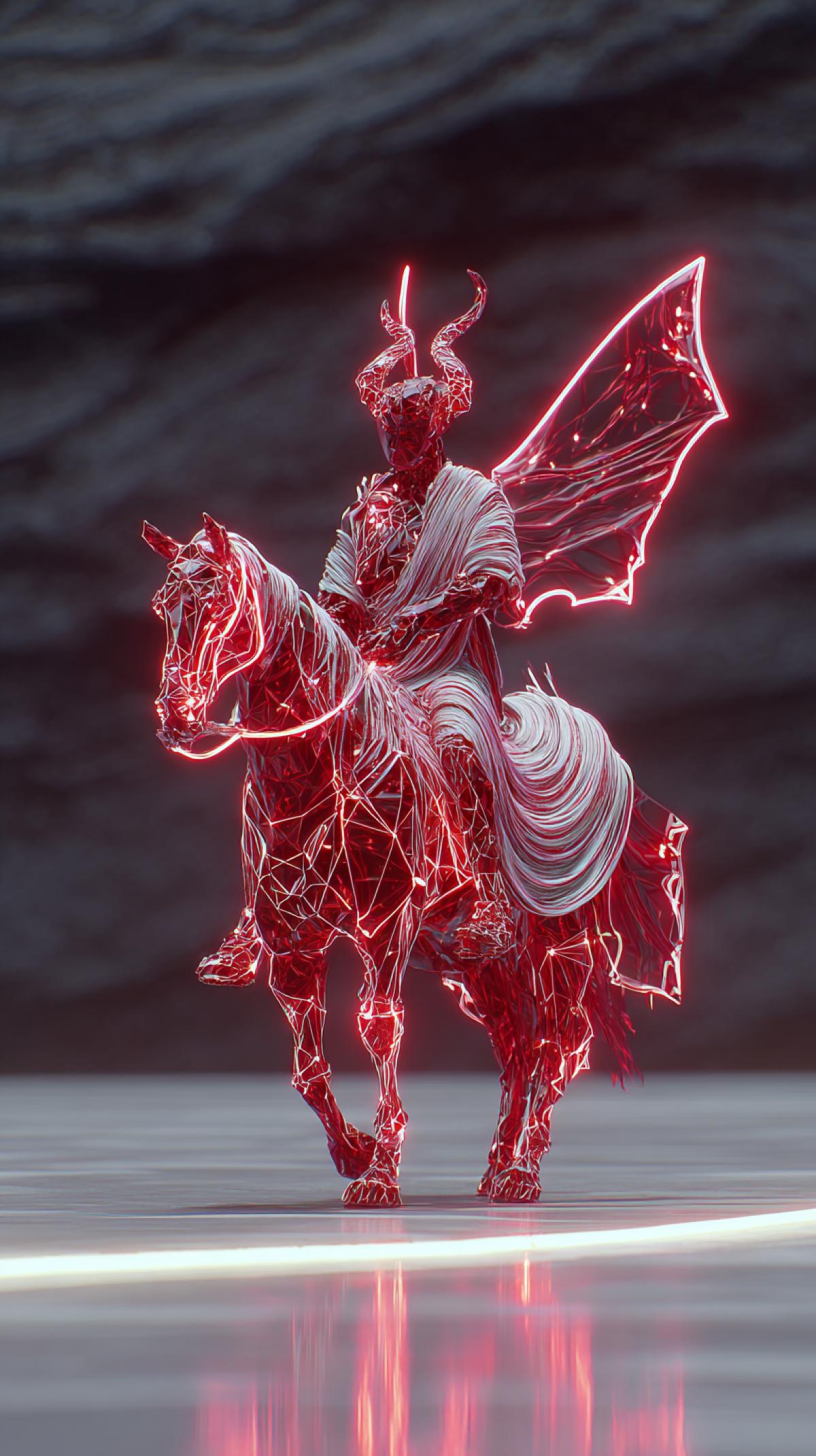 Futuristic fiery humanoid figure with twisted horns made of hot basalt and magma texture, with a head decorated with glowing neon red geometric shapes and rocky burning texture, , flaming toga fluttering in the wind, big fiery detailed wings behind the back, the figure sits on a neon steed on a reflective surface, background mountain with neon white burning liquid flowing on a minimalistic textured dark background, grotesque, smoky vortex, bright colors, fracture