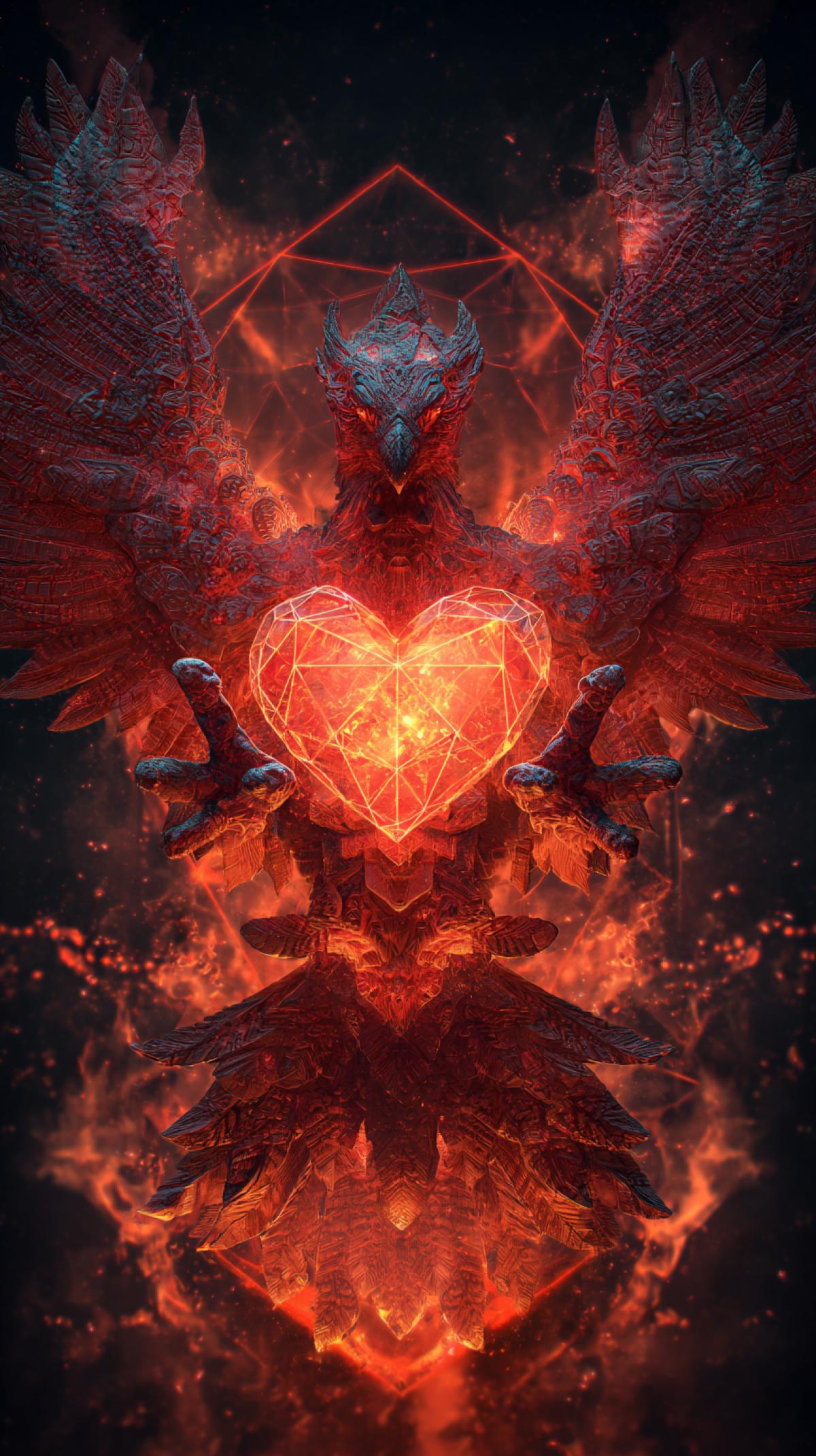 Futuristic fiery Phoenix constellation figure made of hot basalt and magma on fire, holding a burning big heart of fire and smoke in its clawed paws. decorated with glowing neon red geometric shapes, swirls and burning plasma texture, big fiery detailed wings, space background, smoky swirl, sparks, bright colors, fracture