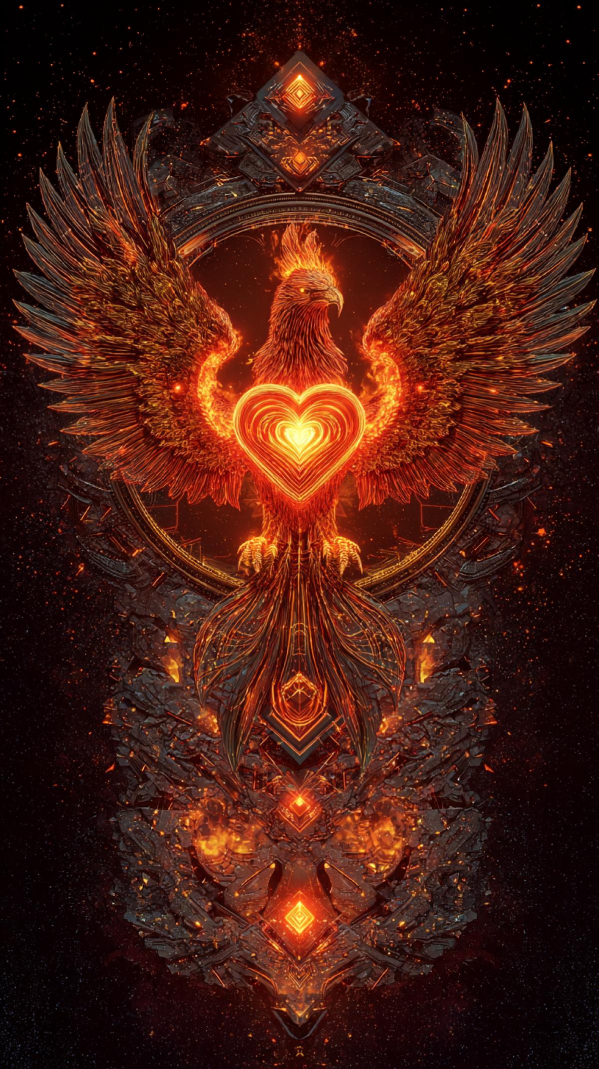 Futuristic fiery Phoenix constellation figure made of hot basalt and magma on fire, holding a burning big heart of fire and smoke in its clawed paws. decorated with glowing neon red geometric shapes, swirls and burning plasma texture, big fiery detailed wings, space background, smoky swirl, sparks, bright colors, fracture