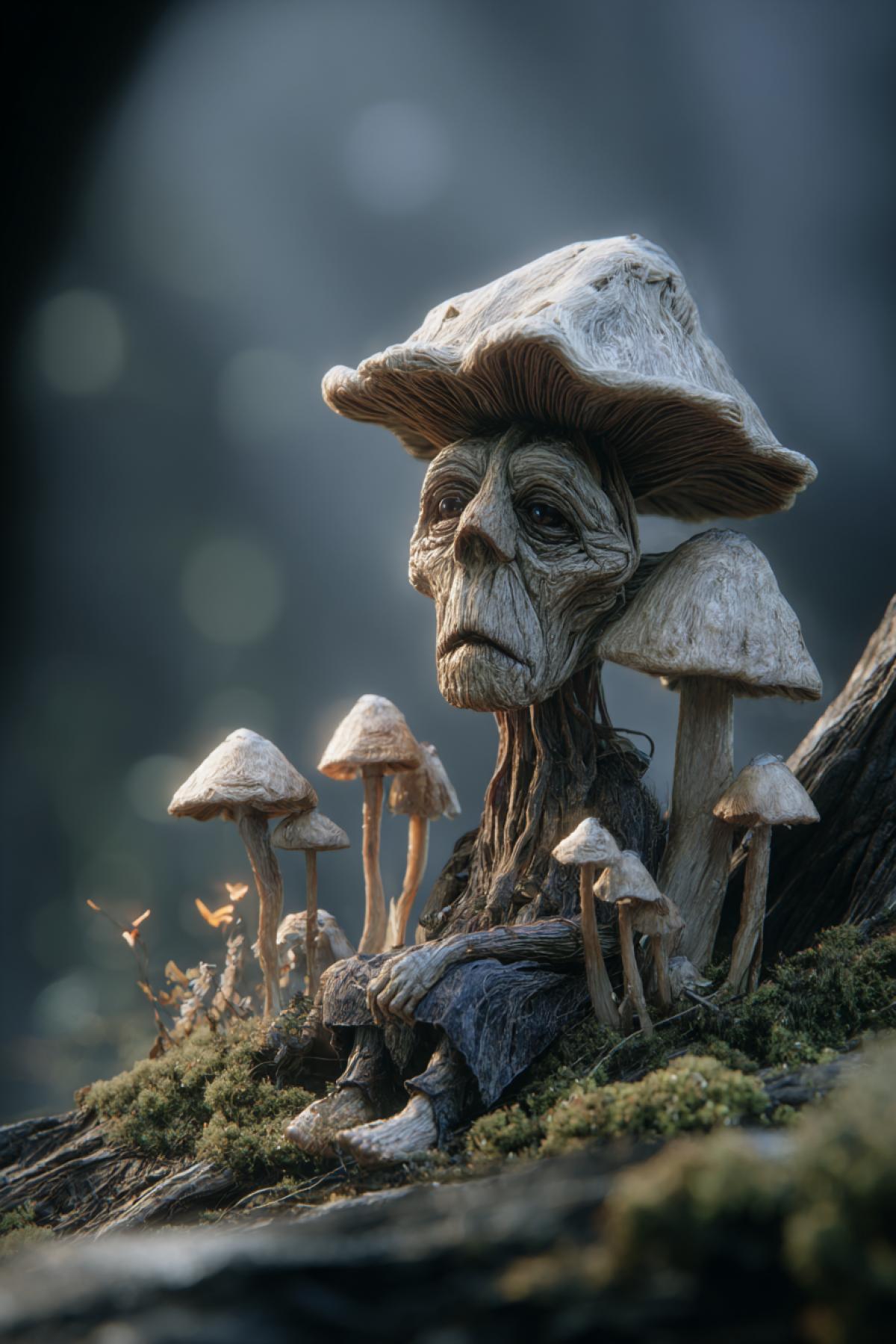 Old wrinkled forest mushroom with sad eyes surrounded by their mushroom children on a deathbed