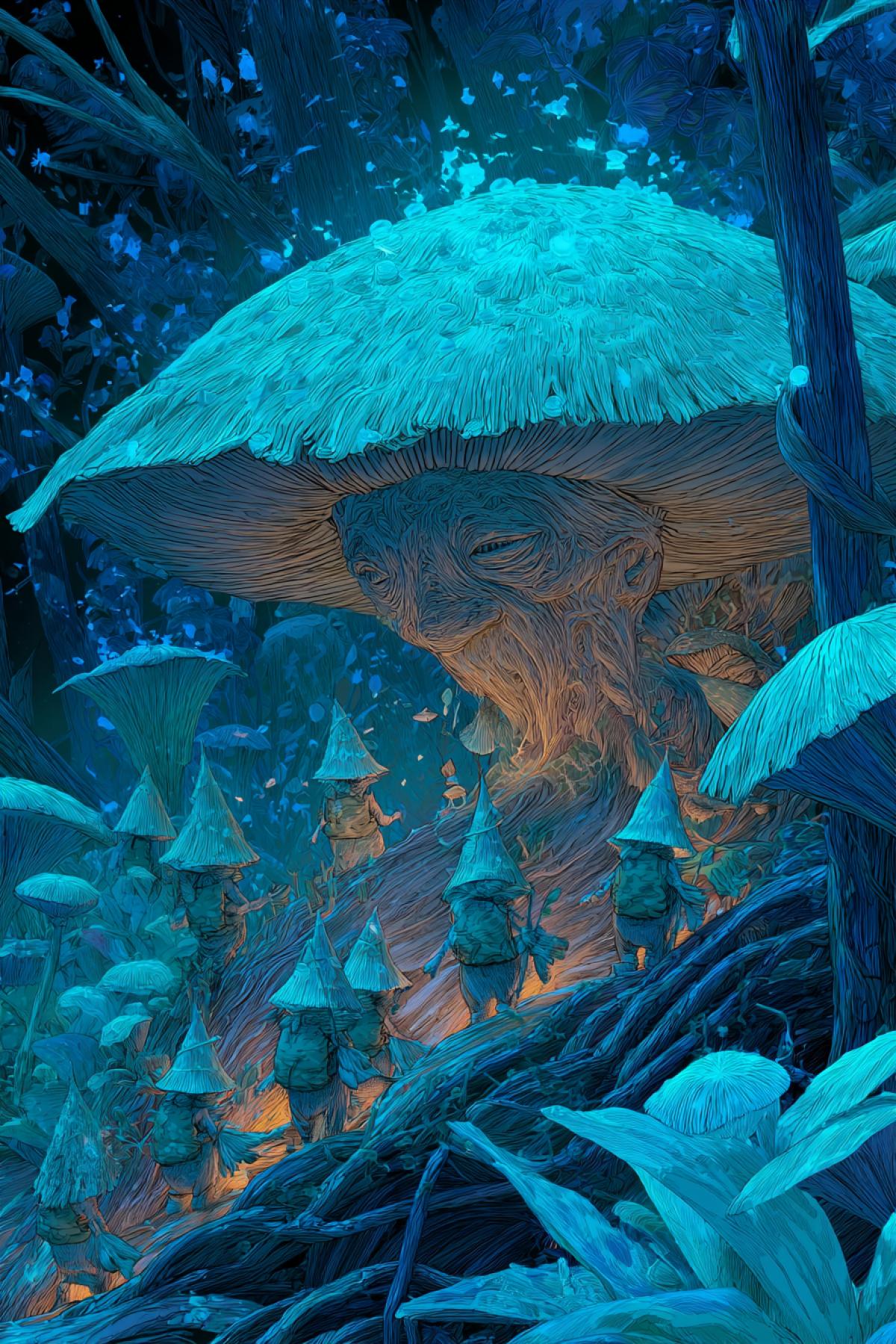A big bioluminescent mushroom with a wise, wrinkled face on its cap, sitting atop a throne of intertwined roots. Tiny mushroom people with hat-like caps bow before it, offering glowing spores in leaf baskets. The forest floor pulses with neon mycelium veins. 16K fantasy realism, style of Dark Crystal meets Studio Ghibli, ethereal blue-green lighting