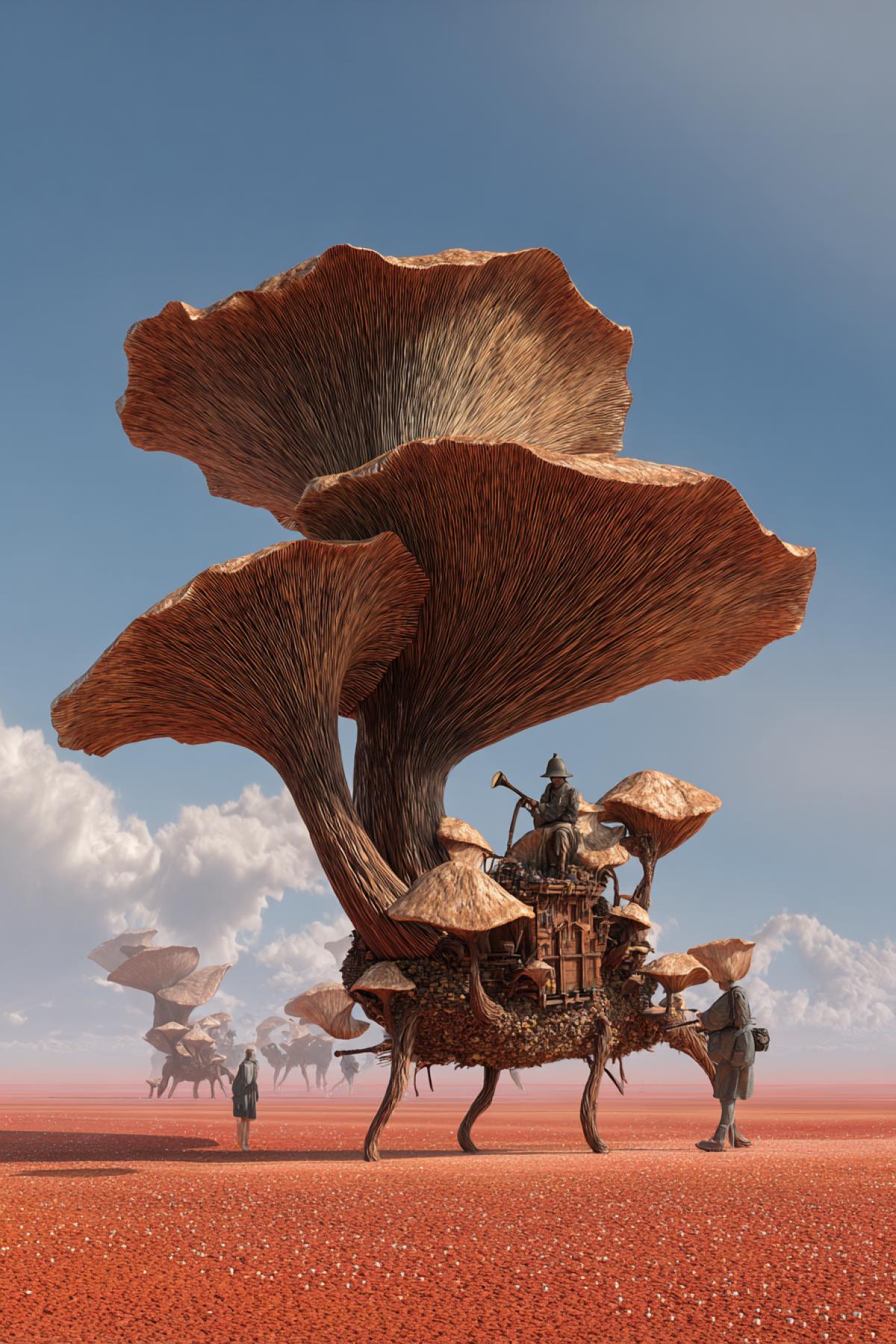 A caravan of big mushrooms with leathery, sun-wrinkled caps walking on spindly root-legs across red sands. Their gills flutter like desert robes, releasing water vapor that forms mirage oases. One mushroom plays a flute made from its own shed stem. 12K surrealism, style of Moebius meets Dali, hyper-detailed textures