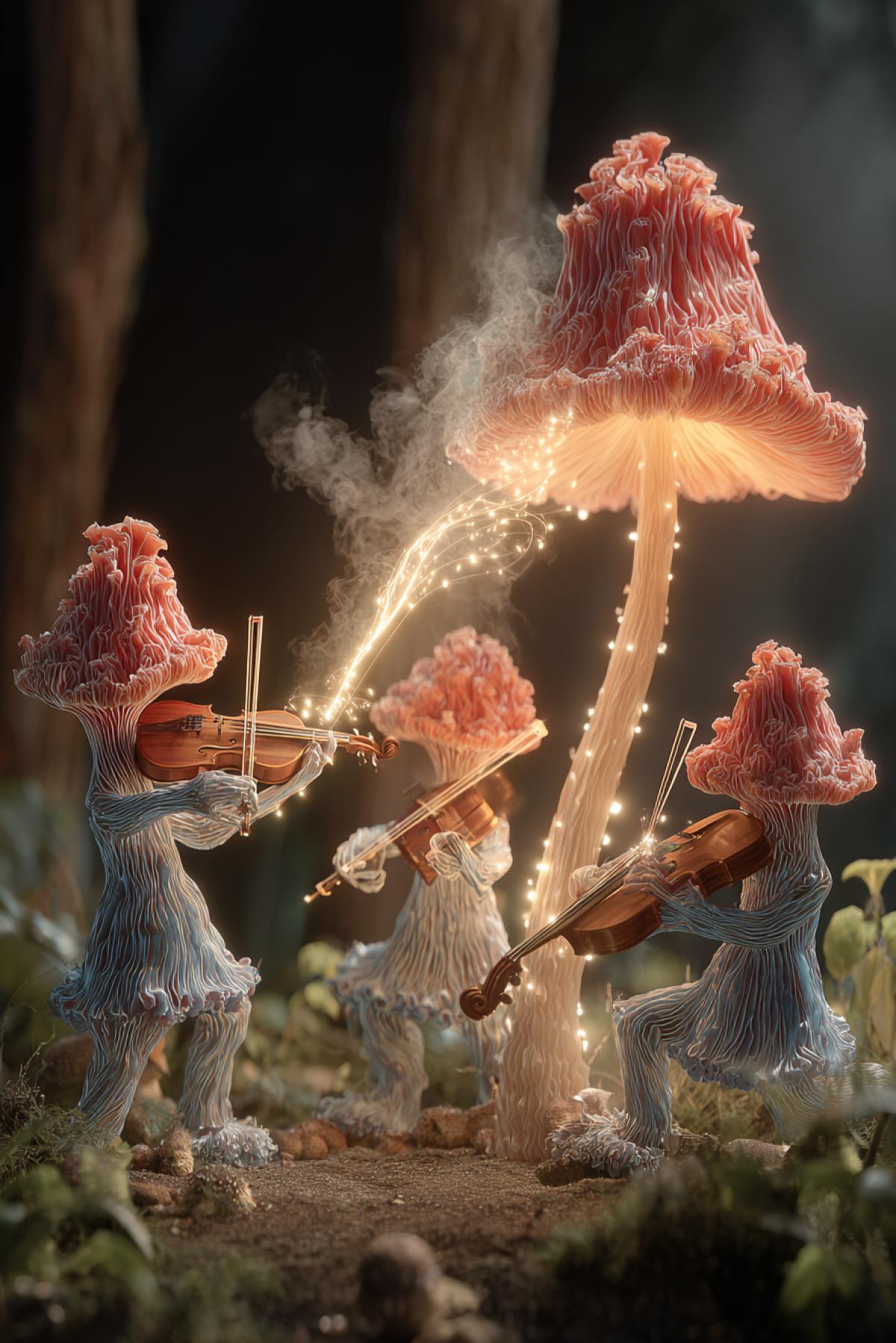 A group of big anthropomorphic mushrooms playing musical instruments formed from their own bodies: a Donald Tet-shaped chanterelle with sound waves visible as glowing spores, a drumming puffball releasing rhythmic smoke rings, and a violin-like morel with vibrating mycelium strings. The conductor is a towering red amanita using a bioluminescent mushroom stem as baton. Surreal 16K, hyper-detailed, style of Tim Burtons stop-motion meets botanical encyclopedia, warm forest lighting