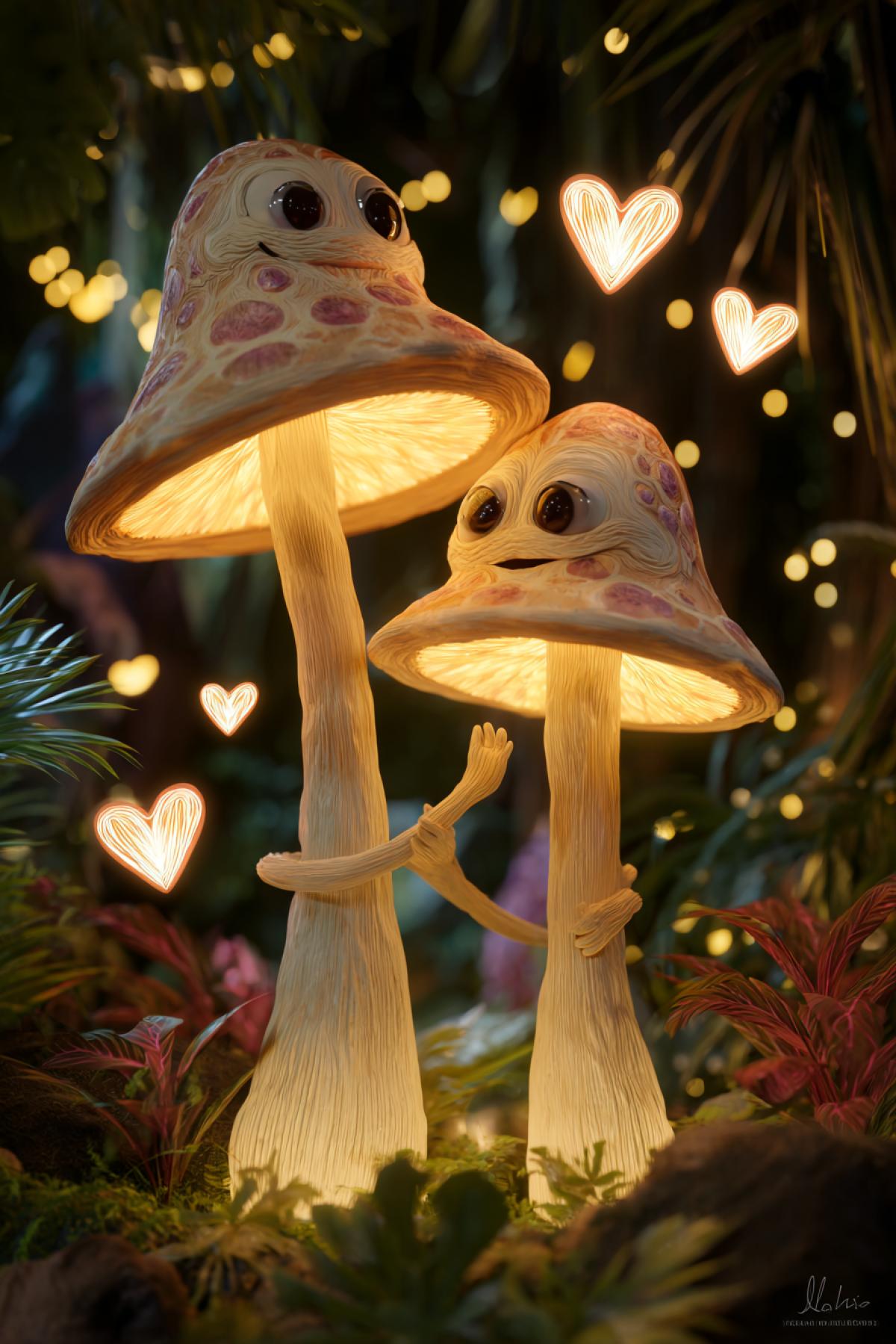 Two large anthropomorphic amanite mushrooms with expressive \"eyes\" on the hats tenderly touch their legs. Their hats are illuminated by a soft bioluminescent glow, and romantic luminous disputes in the form of hearts fly around. The background is a dark magical forest with lunar rays breaking through the foliage. 16K, style of Disney animation in a mixture with macrophotography of nature, a warm fabulous atmosphere