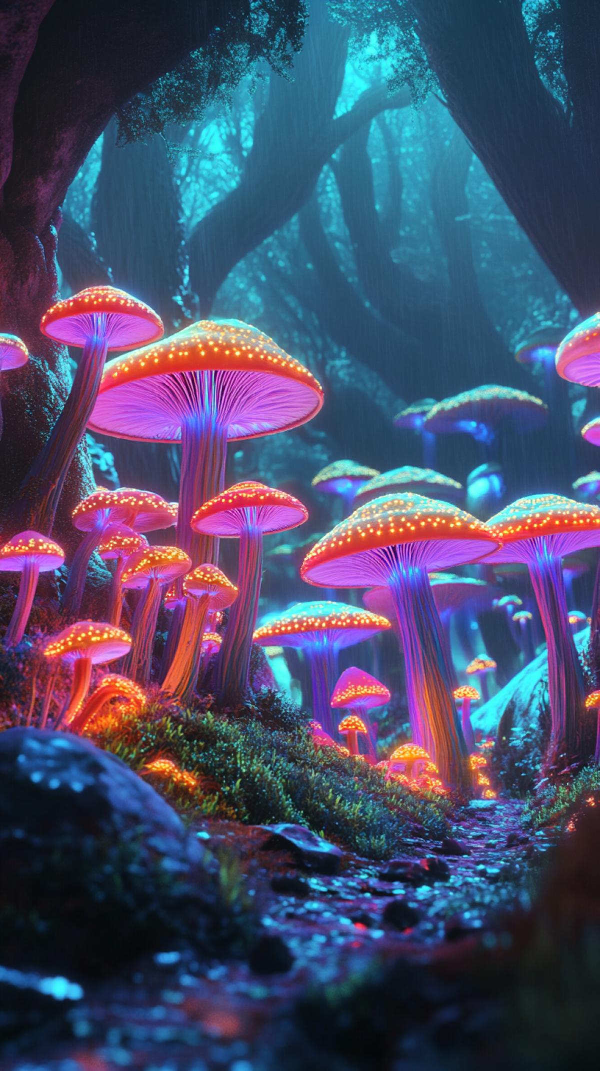 An image in which ordinary mushrooms come to life and gain their character. Imagine how they turn into playful characters, wise guardians of the forest or populate whole mushroom cities, grow in neon color