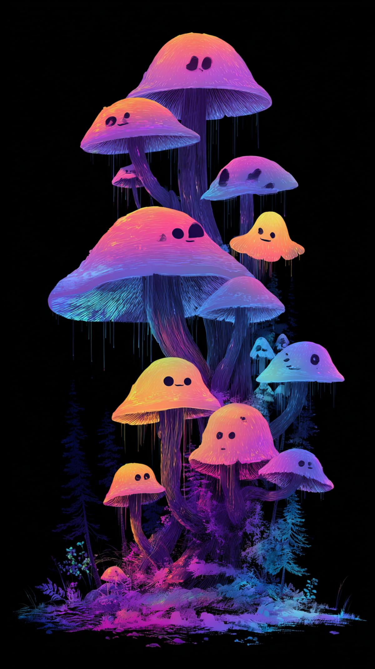 An image in which ordinary mushrooms come to life and gain their character. Imagine how they turn into playful characters, wise guardians of the forest or populate whole mushroom cities, grow in neon color
