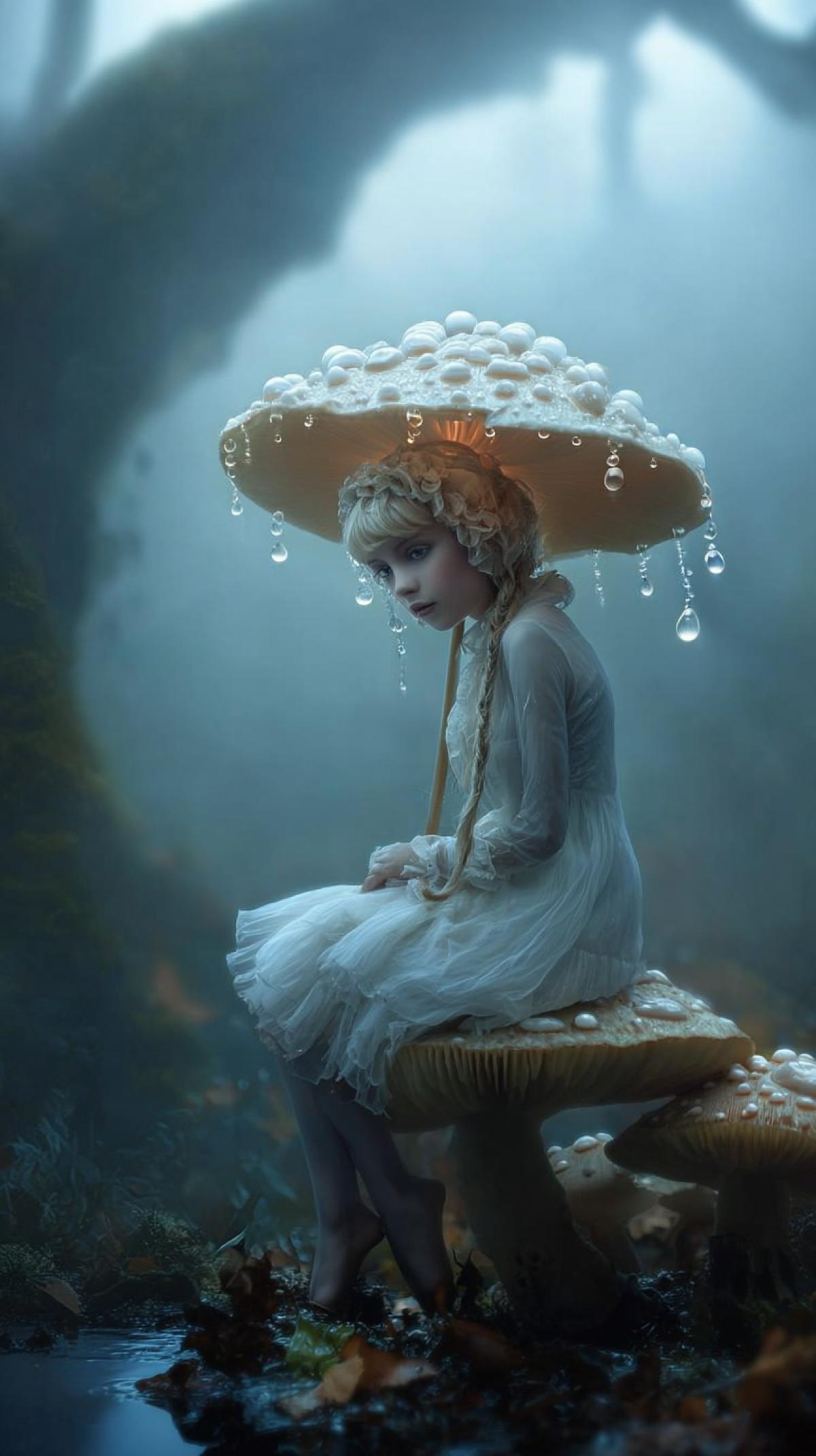 Girl Grib, sitting on a mushroom umbrella, in a forest surrounded by fog and mohas, in the style of fantastic art. The portrait is beautiful, with a drop of water on her face, soft lighting and the appearance of the whole . The digital work depicts a girl in a white dress, with soft colors and a magical atmosphere. Her hair is detailed, creating a dreamy mood, built against a fantastic landscape with a soft moonlight and drops of water on her skin.