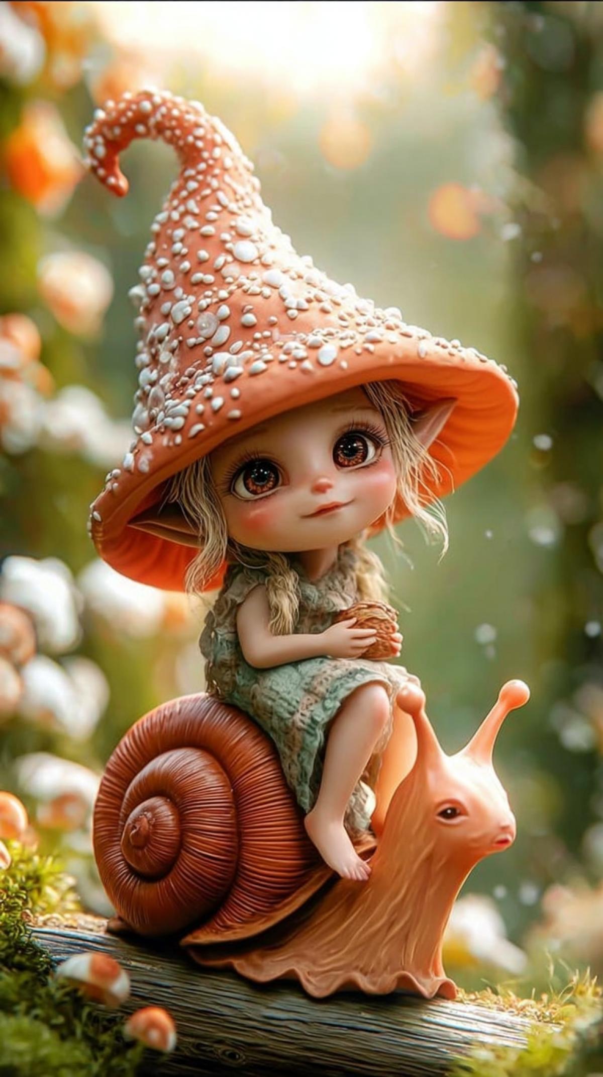 A cute little girl sitting on the back of the snail, large eyes and long eyelashes, dressed in a mushroom hat with an elven ear, a portrait of the whole , cartoon, forest background, environmental surroundings, warm colors, dreamy atmosphere, highclay photography, super details. Portrait of the whole , fantasy style, colorful characters of cartoons, zbrush art, cartoonrealism, orange color scheme, bright colors, high resolution