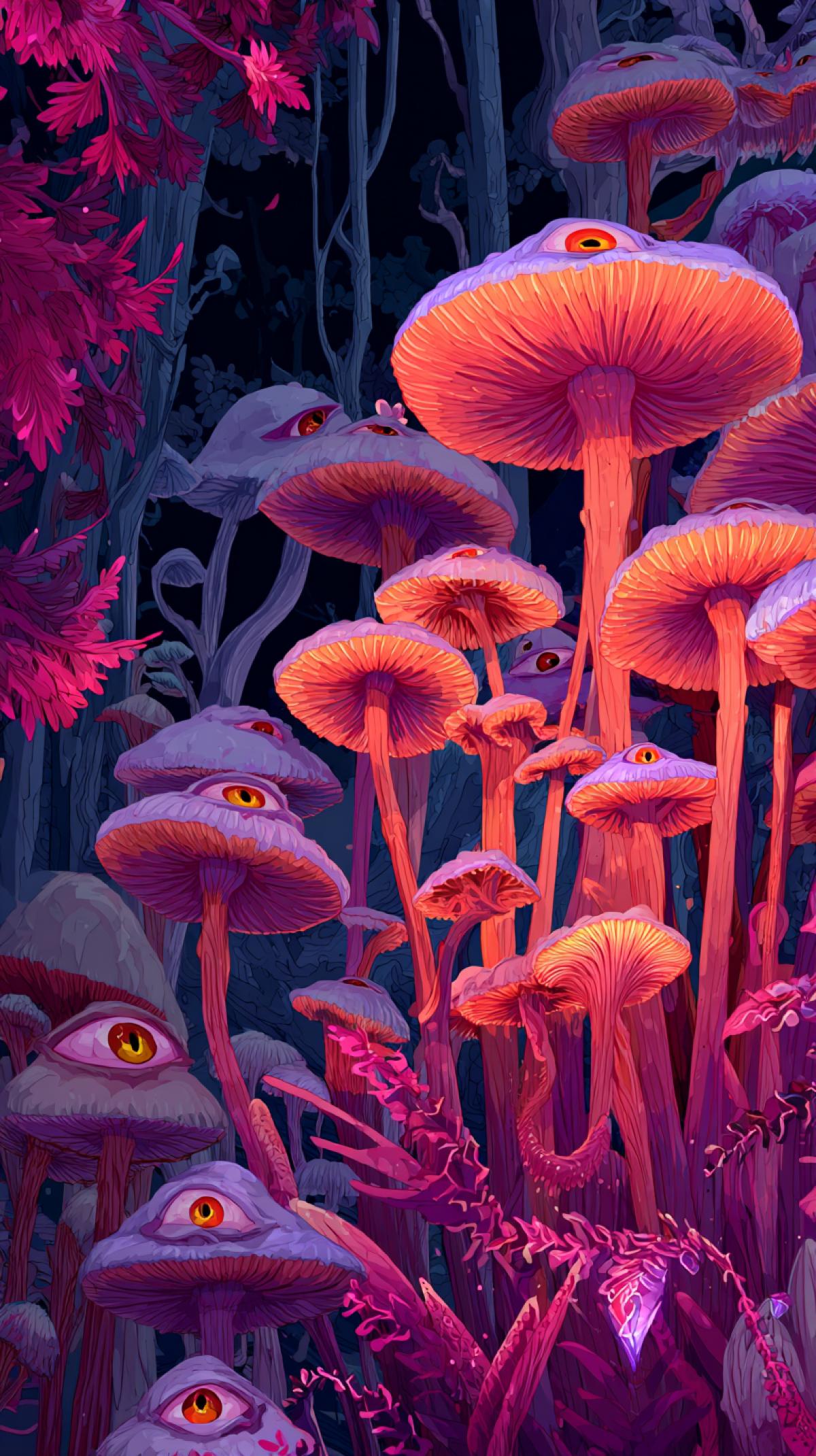 an image on which ordinary mushrooms with eyes, loving, turn into playful characters, wise guardians of the forest or populate whole mushroom cities, grow in neon color