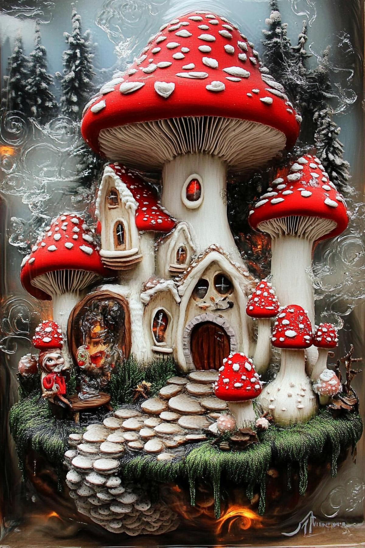 A small town where the inhabitants are charming smiling mushrooms with shiny eyes, dancing and singing, playing the flute, butterflies fluttering motion encapsulated in looped crystal strands, dynamic contouring, layered transparent textures, deep velvet reds, opalescent ivory, rare fiber-art fusion, post-modern biomorphic sculpture, cinematic grayscale backdrop