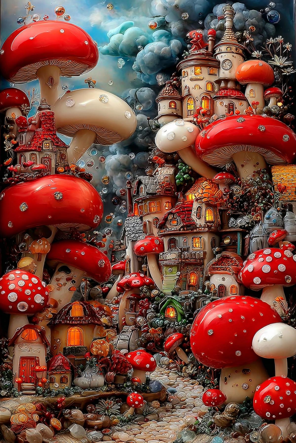 A small town where the inhabitants are charming smiling mushrooms with shiny eyes, dancing and singing, playing the flute, butterflies fluttering motion encapsulated in looped crystal strands, dynamic contouring, layered transparent textures, deep velvet reds, opalescent ivory, rare fiber-art fusion, post-modern biomorphic sculpture, cinematic grayscale backdrop