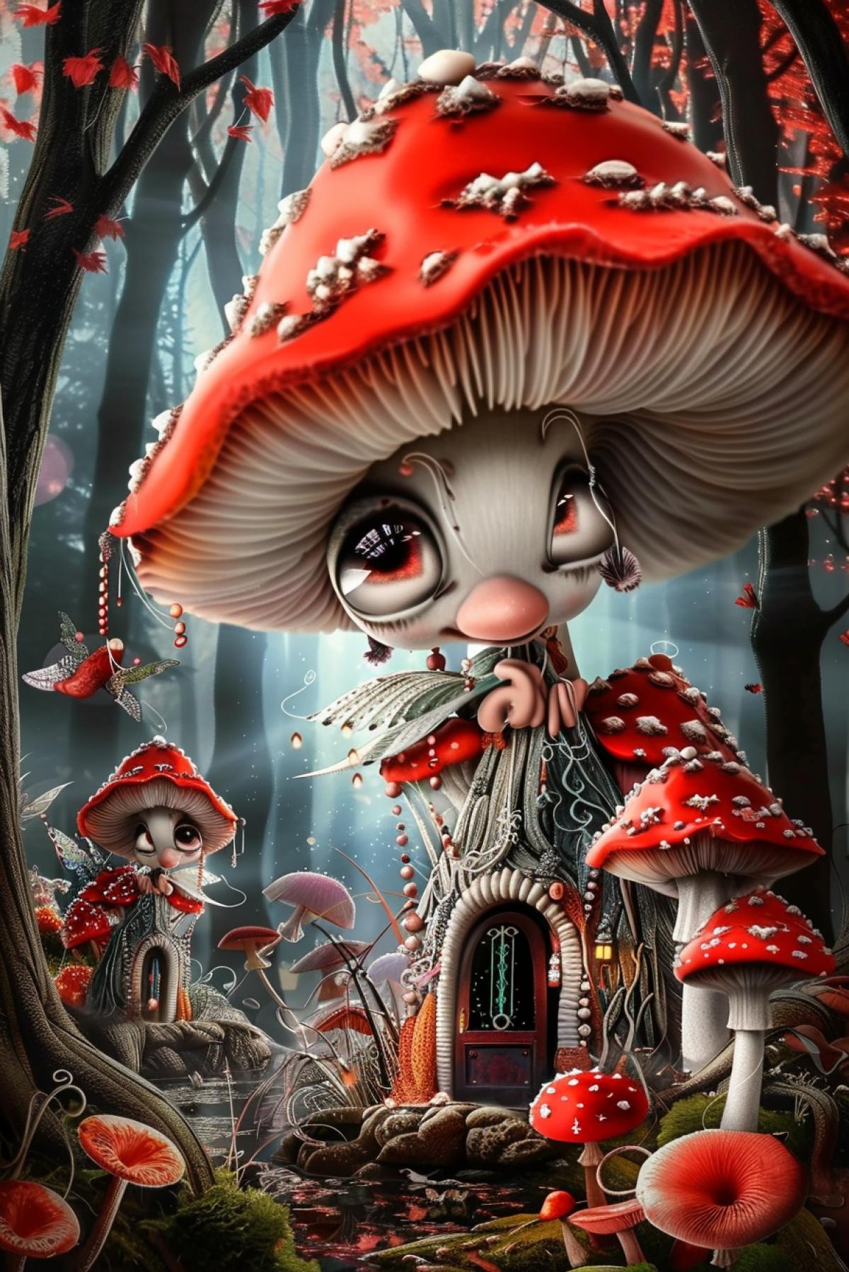 A small town whose inhabitants are charming smiling mushrooms with glittering eyes, where an anthropomorphic mushroom plays a flute, fluttering butterflies encased in looping crystalline threads, dynamic contouring, layered transparent textures, deep velvety reds, opalescent ivory, a rare combination of fiber and art, postmodern biomorphic sculpture, cinematic grayscale backdrop