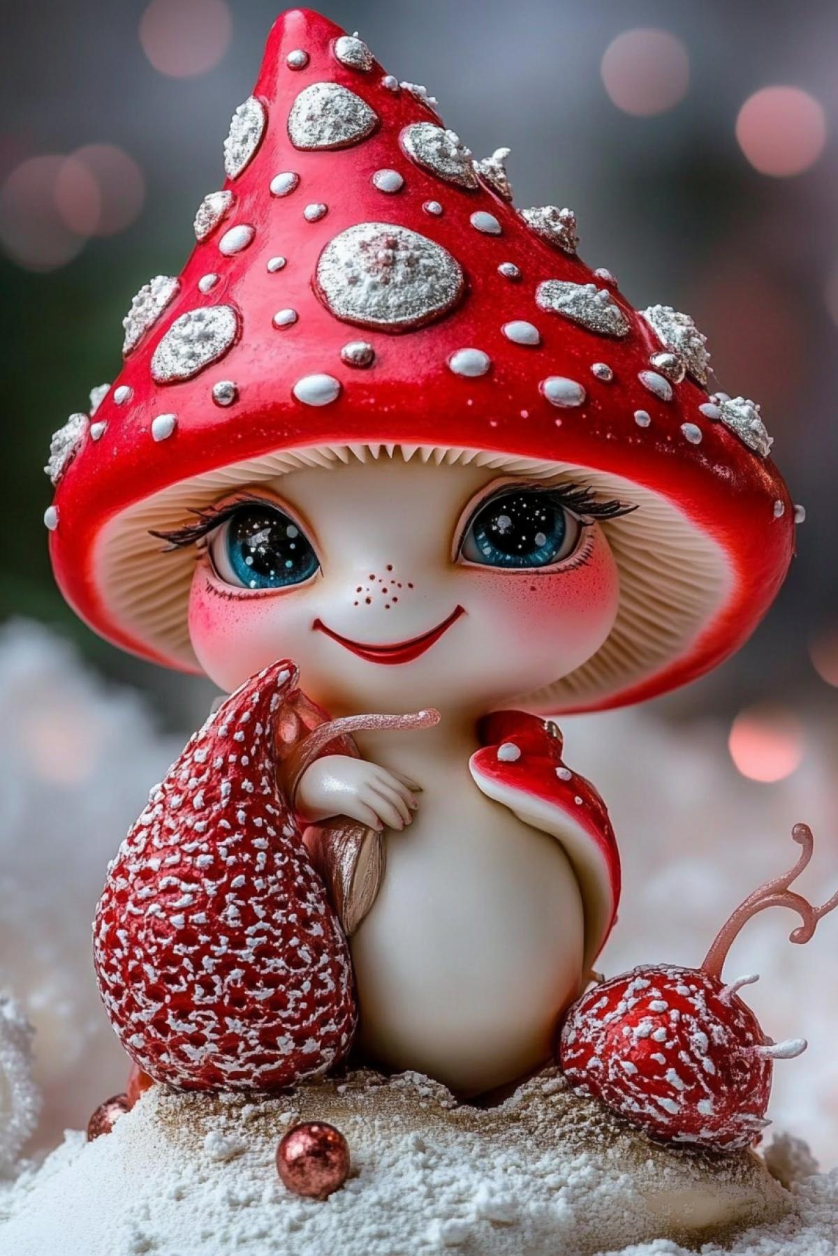charming smiling mushroom with shiny eyes, long fluffy eyelashes sits on snail eating ice cream cone, surrounded by hibiscus flowers, layered transparent textures, deep velvet red shades, opal ivory color, rare combination of fiber and art, postmodern biomorphic sculpture, cinematic background in shades of gray