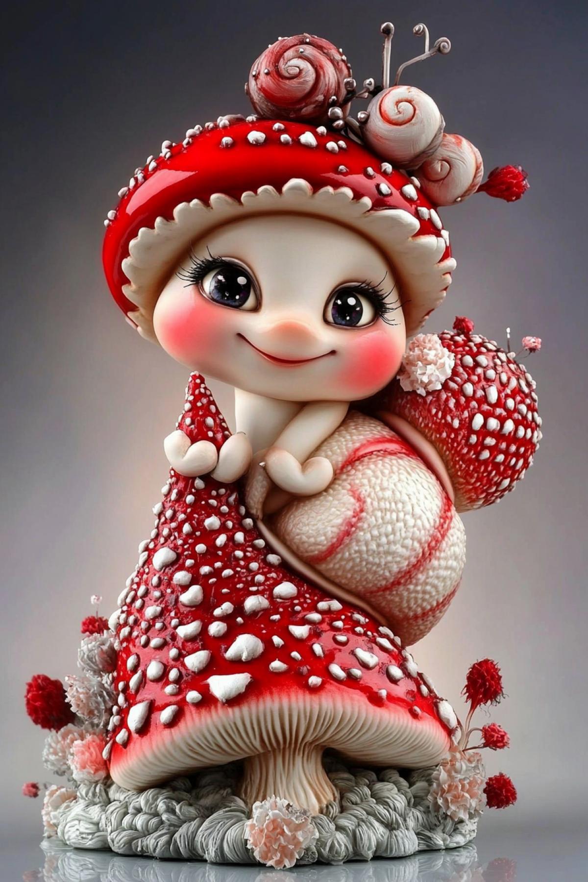 charming smiling mushroom with shiny eyes, long fluffy eyelashes sits on snail eating ice cream cone, surrounded by hibiscus flowers, layered transparent textures, deep velvet red shades, opal ivory color, rare combination of fiber and art, postmodern biomorphic sculpture, cinematic background in shades of gray