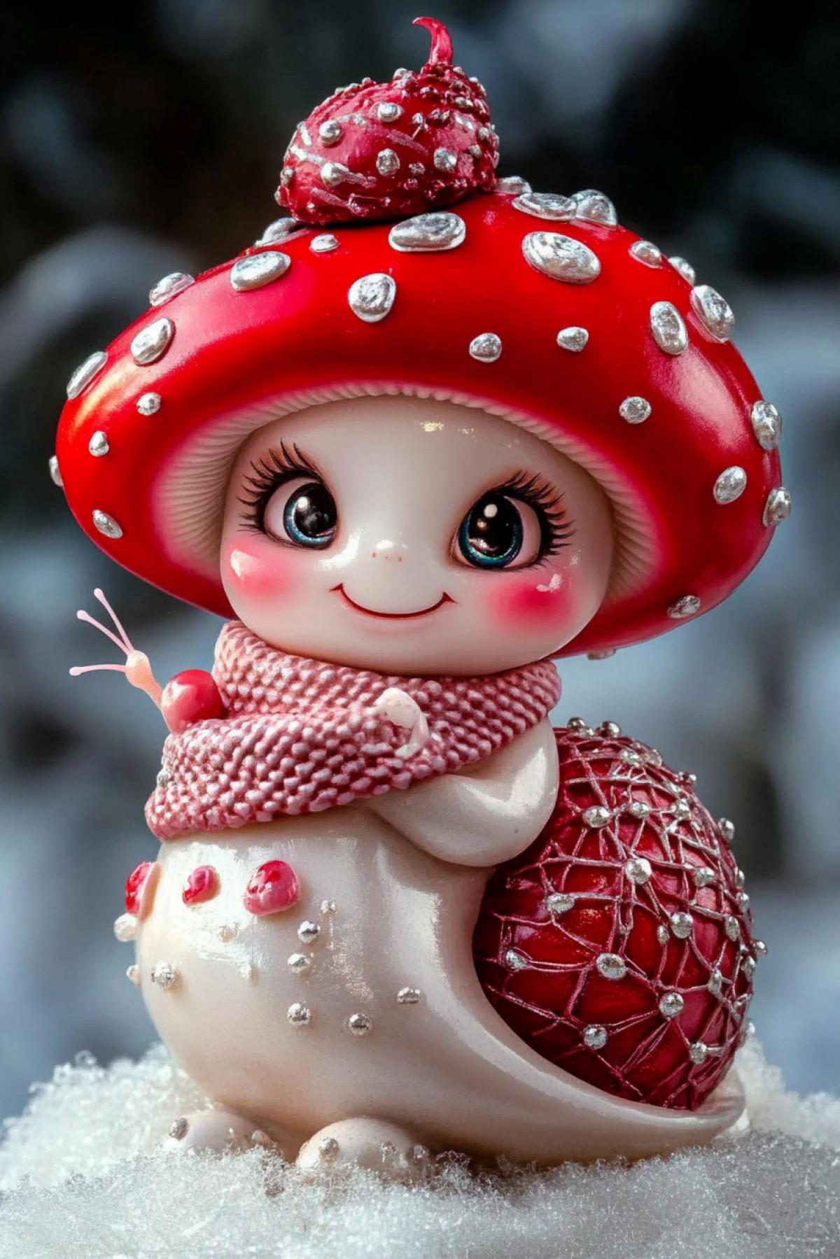 charming smiling mushroom with shiny eyes, long fluffy eyelashes sits on snail eating ice cream cone, surrounded by hibiscus flowers, layered transparent textures, deep velvet red shades, opal ivory color, rare combination of fiber and art, postmodern biomorphic sculpture, cinematic background in shades of gray