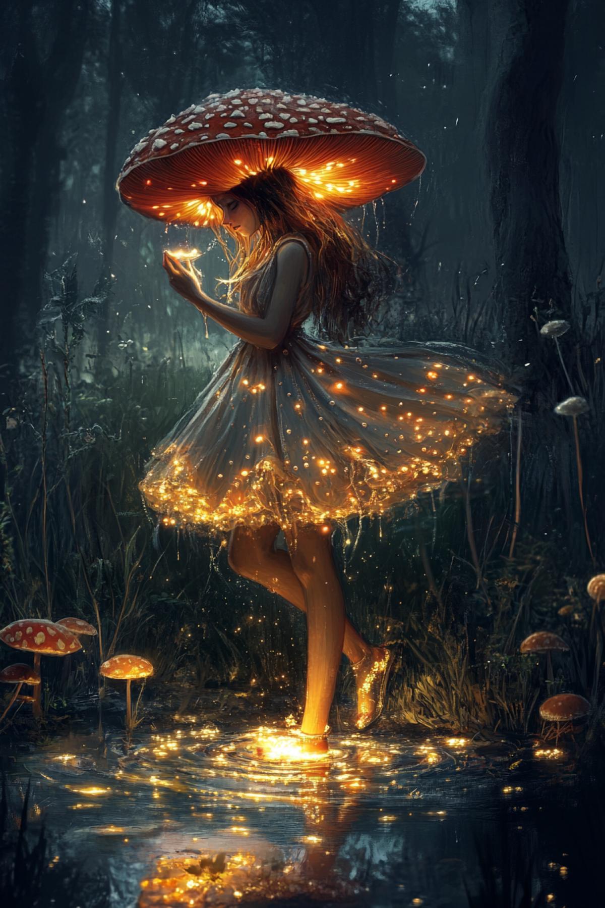 Mushroom-girl in a beautiful dress collects dew