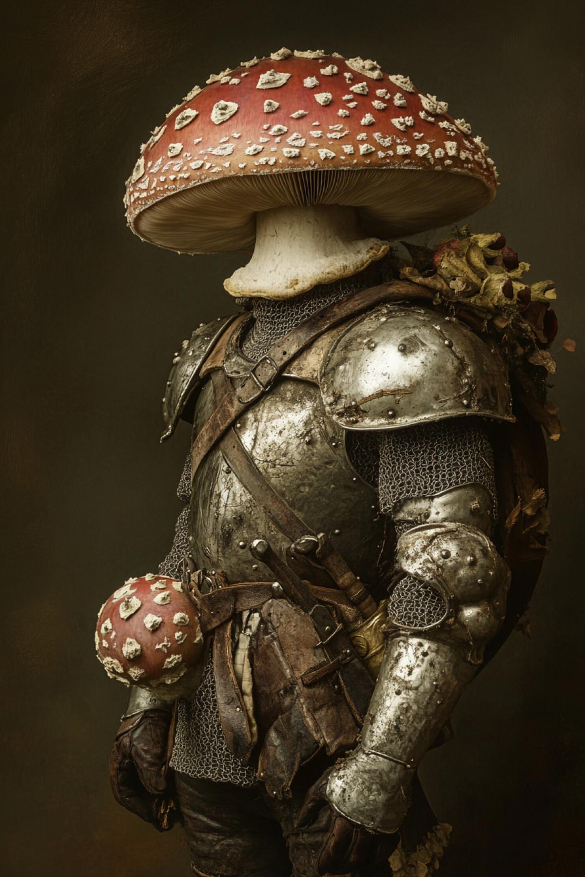Fairytale mushroom in an old suit in the style of a knight of the Middle Ages