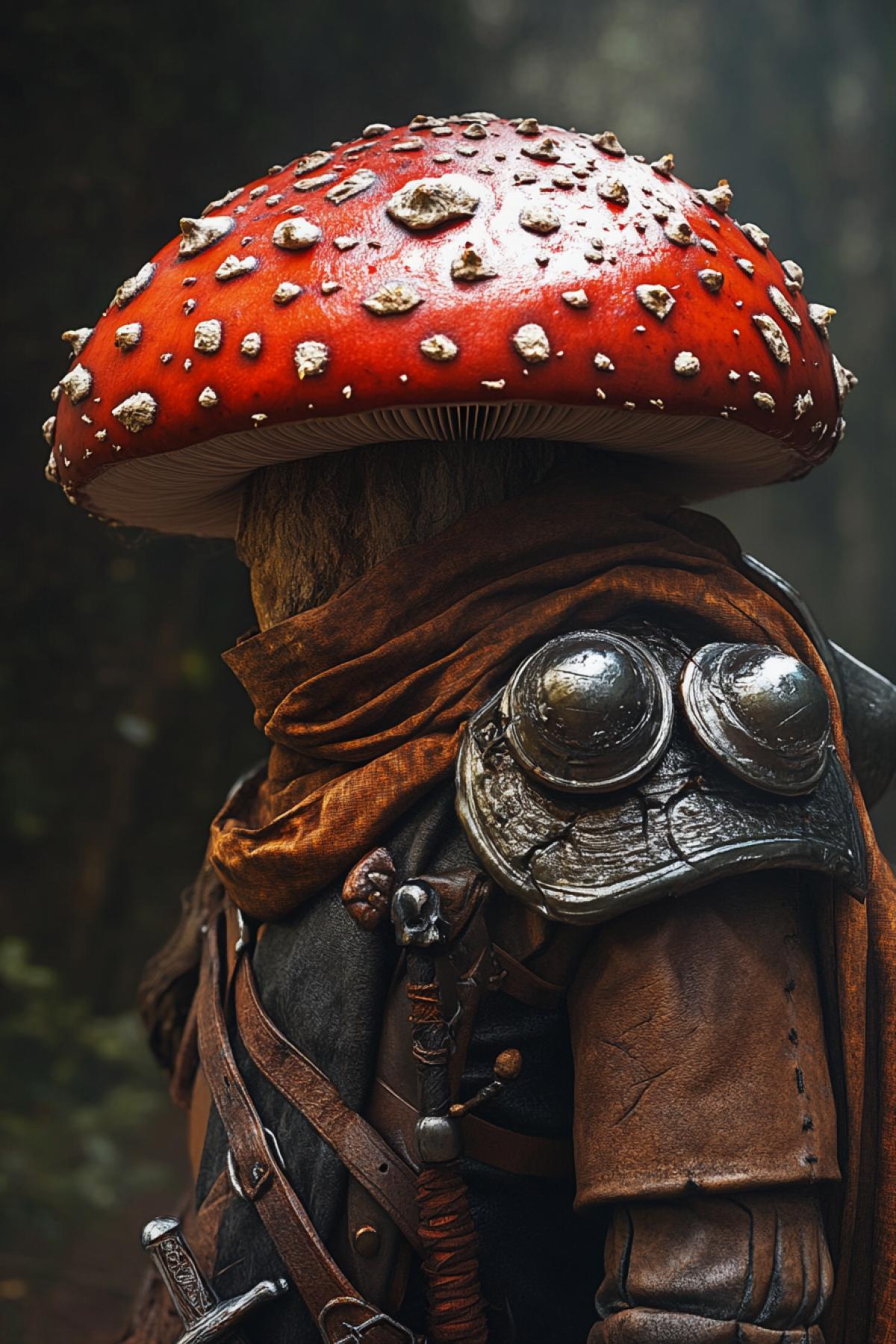 Fairytale mushroom in an old costume in the style of a knight of the Middle Ages in the style of fantasy in the splaxes of fire
