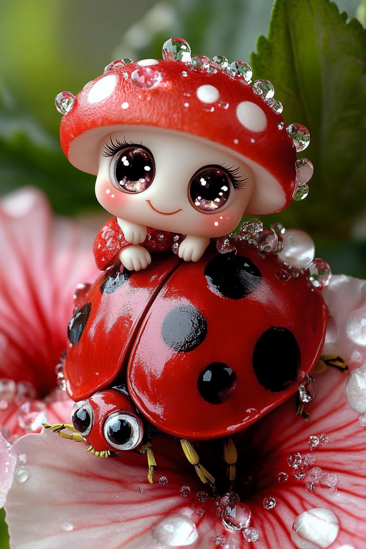 Two adorable smiling anthropomorphic mushrooms with shiny eyes, long fluffy eyelashes sit on top of a big ladybug, surrounded by hibiscus flowers, layered transparent textures, deep velvety red shades, opal and white color, water droplets and crystals
