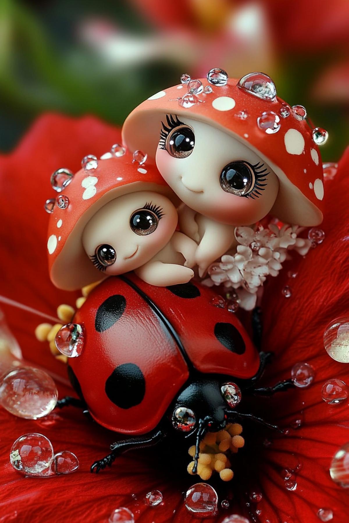 Two adorable smiling anthropomorphic mushrooms with shiny eyes, long fluffy eyelashes sit on top of a big ladybug, surrounded by hibiscus flowers, layered transparent textures, deep velvety red shades, opal and white color, water droplets and crystals