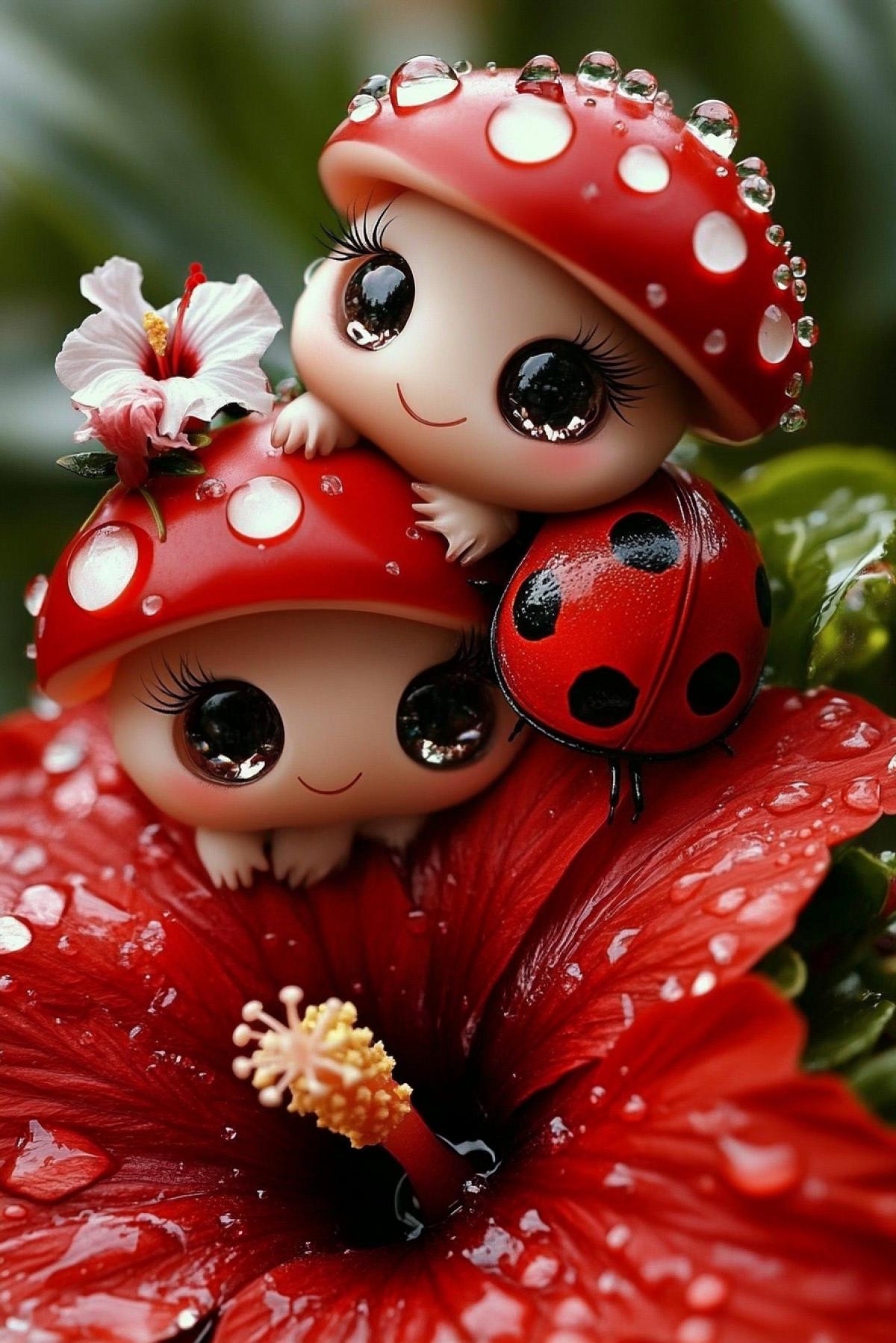 Two adorable smiling anthropomorphic mushrooms with shiny eyes, long fluffy eyelashes sit on top of a big ladybug, surrounded by hibiscus flowers, layered transparent textures, deep velvety red shades, opal and white color, water droplets and crystals
