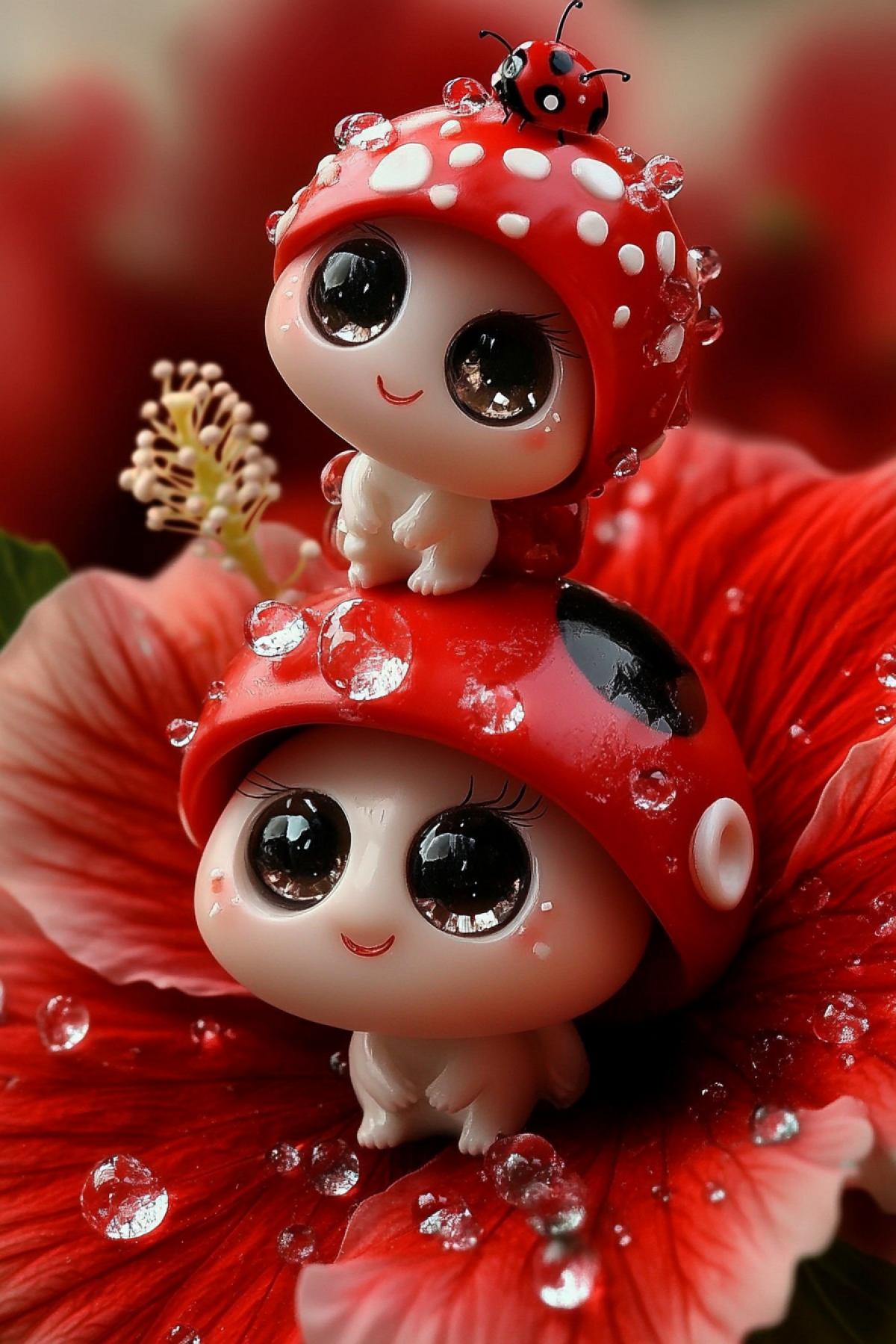 Two adorable smiling anthropomorphic mushrooms with shiny eyes, long fluffy eyelashes sit on top of a big ladybug, surrounded by hibiscus flowers, layered transparent textures, deep velvety red shades, opal and white color, water droplets and crystals