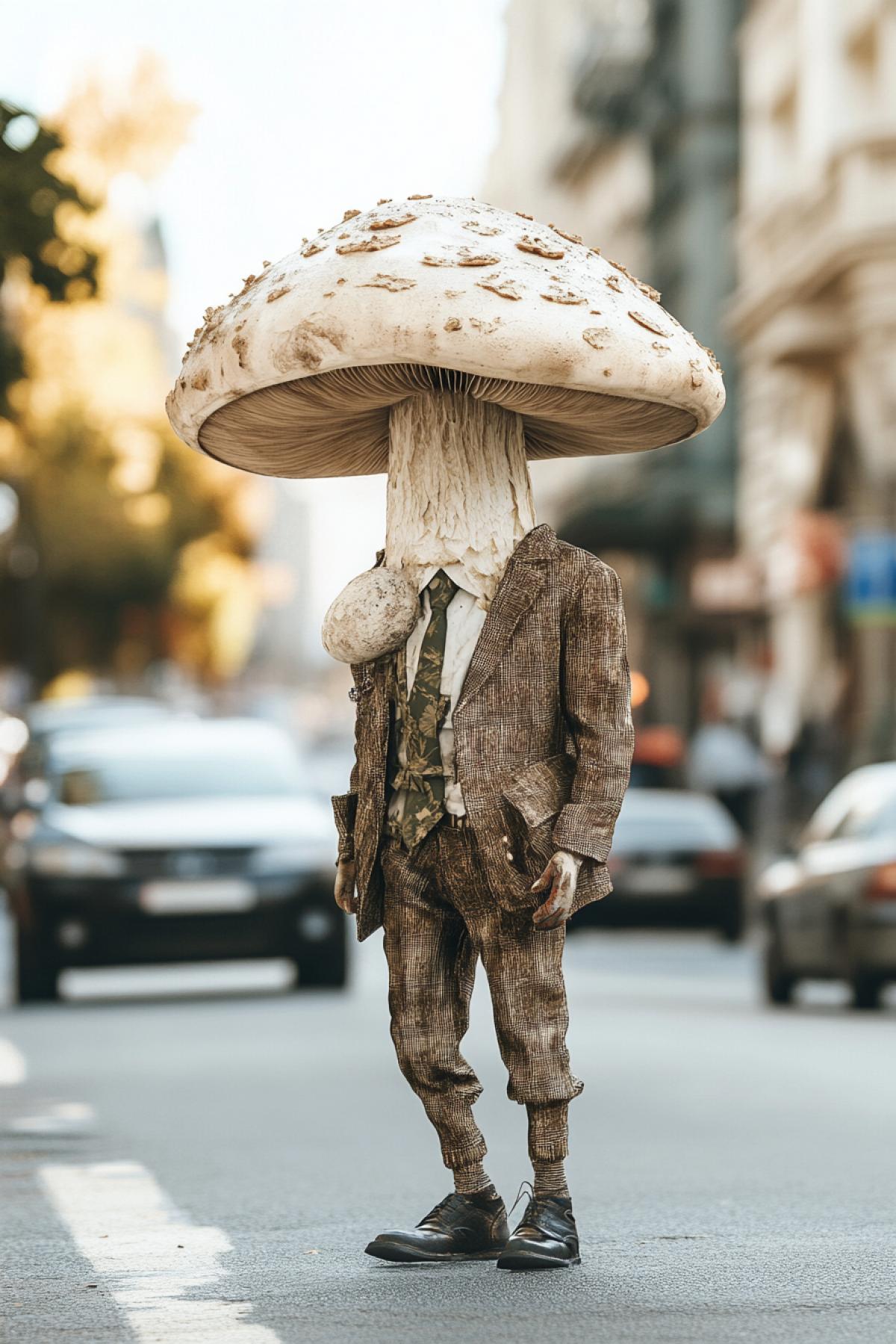 Mushroom with arms and legs in a stylish suit on the city street, on the road where cars are driving. In the style of fantasy