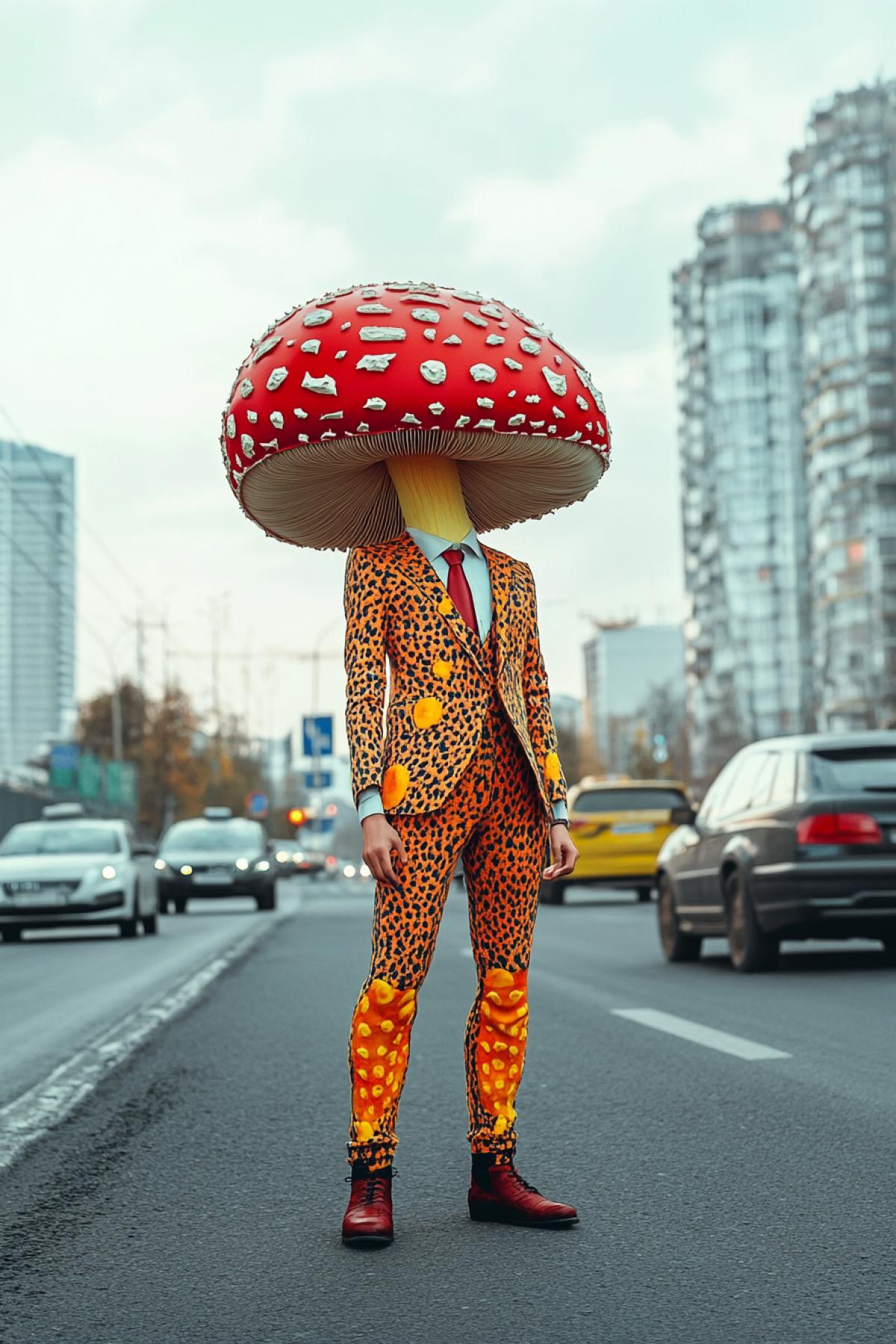 Mushroom with arms and legs in a stylish suit on the city street, on the road where cars are driving. In the style of fantasy