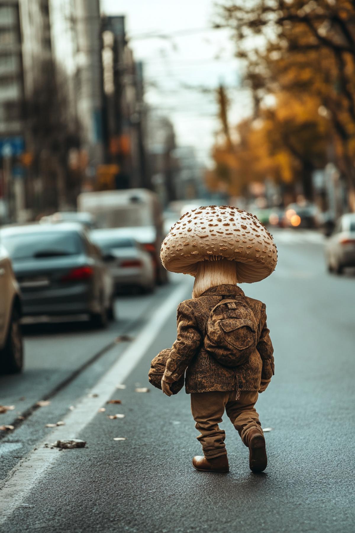 Mushroom with arms and legs in a stylish suit on the city street, on the road where cars are driving. In the style of fantasy