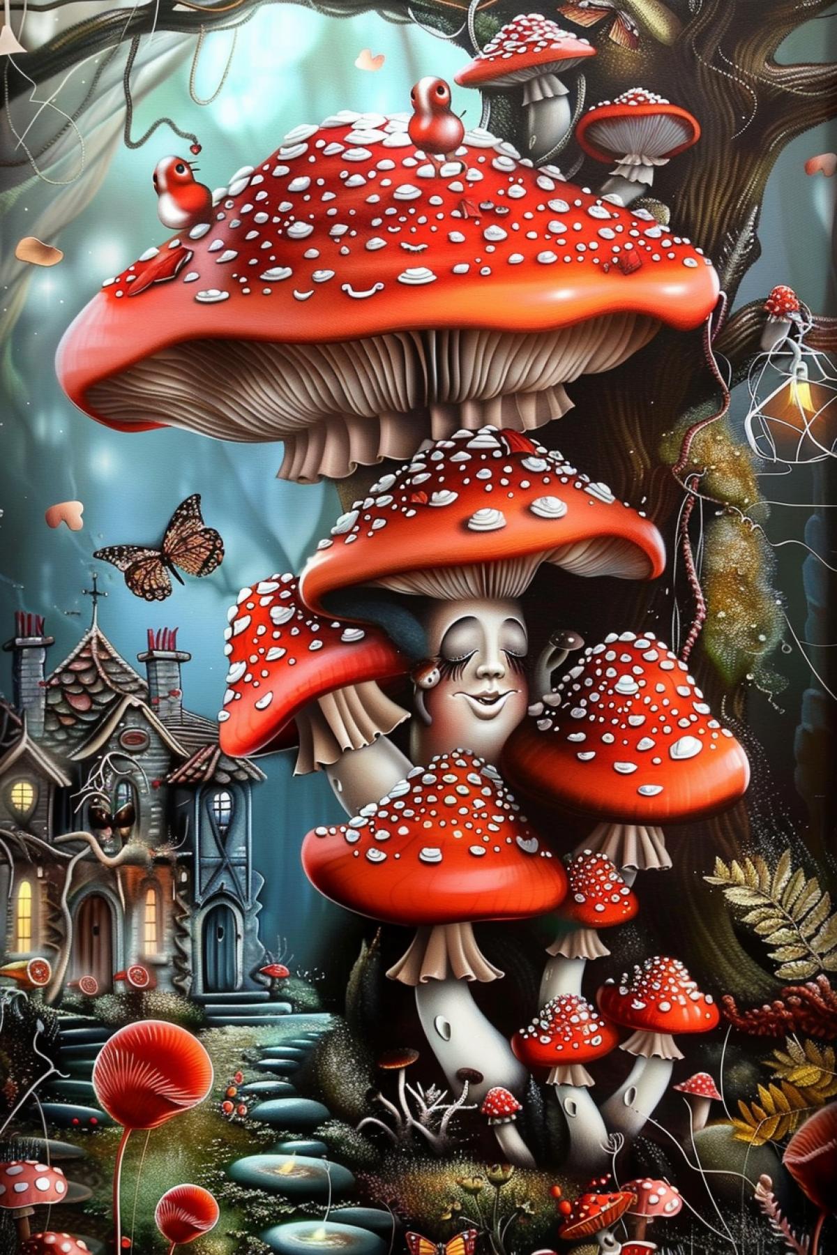 A small town whose inhabitants are charming smiling mushrooms with glittering eyes, where an anthropomorphic mushroom plays a flute, fluttering butterflies encased in looping crystalline threads, dynamic contouring, layered transparent textures, deep velvety reds, opalescent ivory, a rare combination of fiber and art, postmodern biomorphic sculpture, cinematic grayscale backdrop
