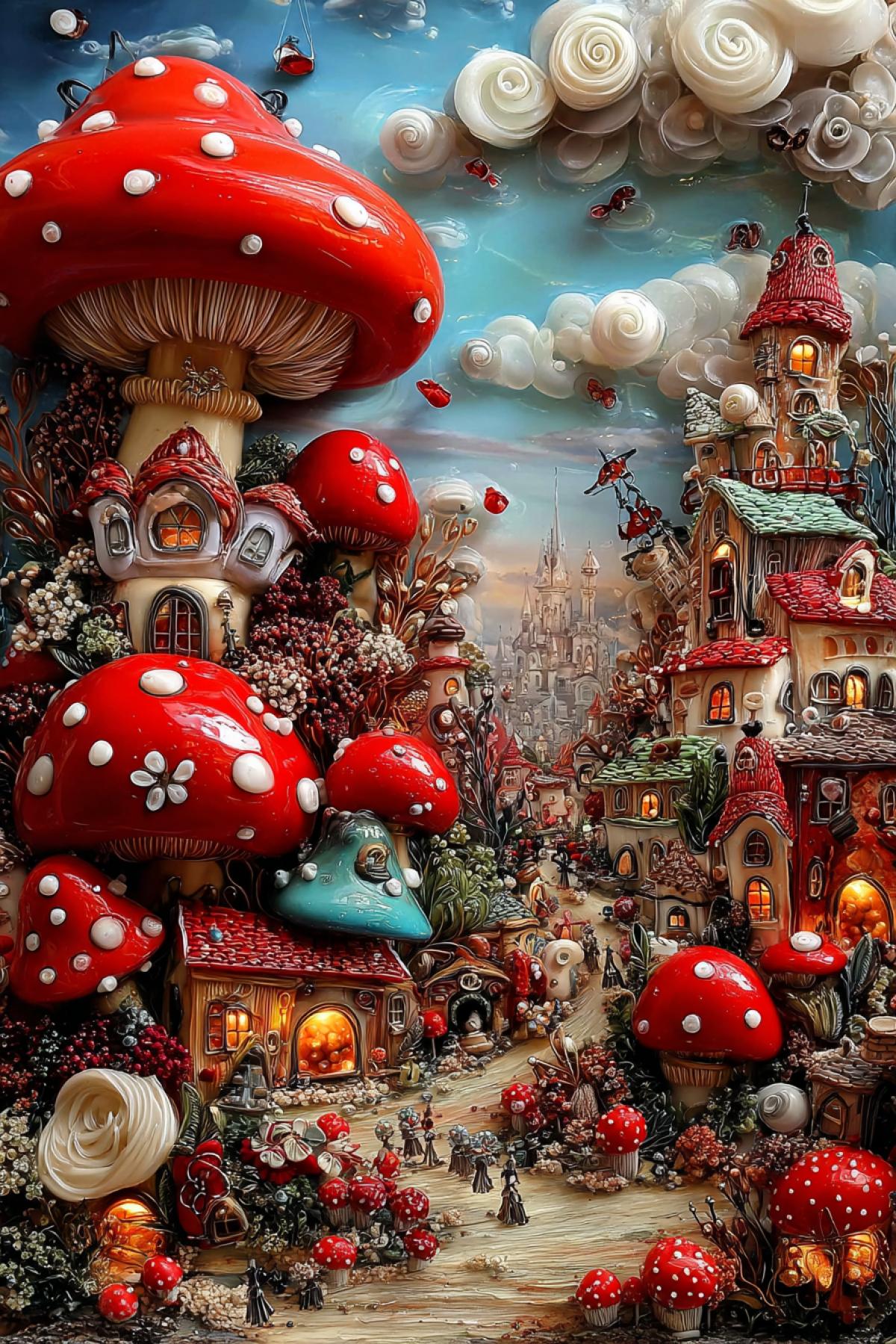 A small town where the inhabitants are charming smiling mushrooms with shiny eyes, dancing and singing, playing the flute, butterflies fluttering motion encapsulated in looped crystal strands, dynamic contouring, layered transparent textures, deep velvet reds, opalescent ivory, rare fiber-art fusion, post-modern biomorphic sculpture, cinematic grayscale backdrop