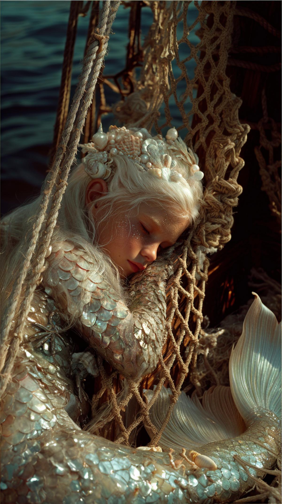 A child of a mermaid sleeping on fishing nets on board a pirate ship, a transparent iridescent, cute childish face, scales on his hands, tail and face shimmers with a mother of pearl, the skin looks , long white hair, with shells in a hairstyle, a fulllength , photorealist detailed photography