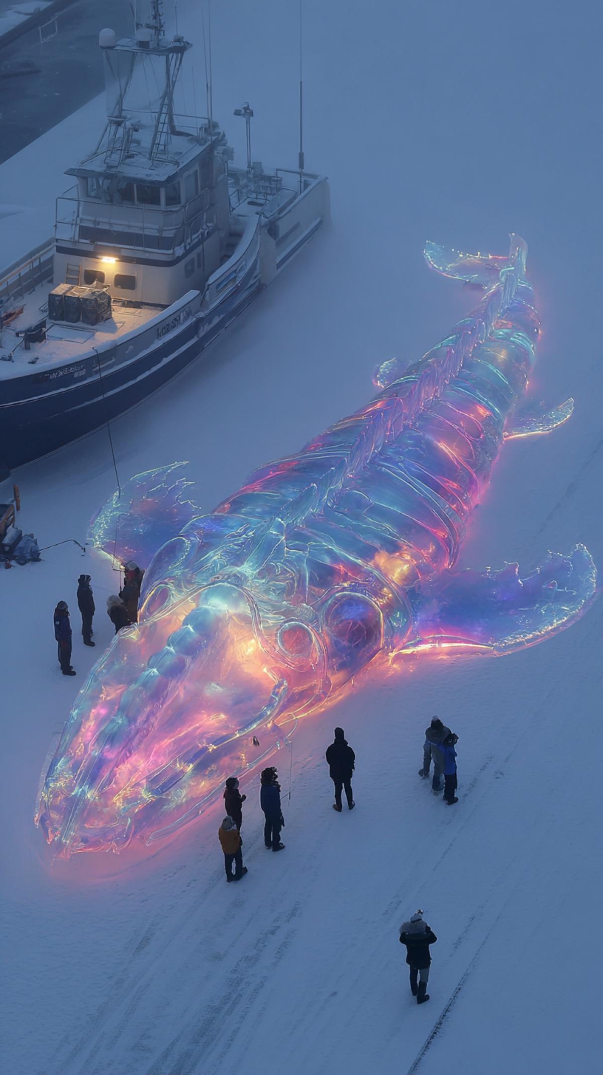 A huge, transparent, rainbow irreidescent marine creature lies on the deck of an ice fishing boat. It shines with bioluminescent light, and you can see its inner pink inside the underwater cloak. Some people stand looking at it. The photo was taken with illumination. Photo of high quality. This is great on the scale. People seem tiny, next to a colossal creature.
