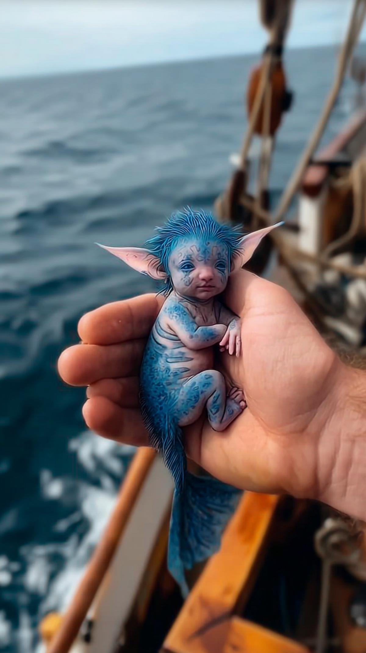 A photo of a hand holding a delightful blue mermaid baby with elf ears, a mermaid tail, and blue hair, on board a ship at sea, posted on Reddit in 2039. fantasy, photoshop --no leg