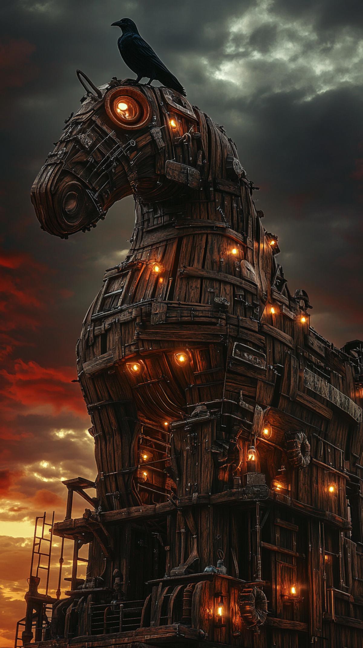 Steampunk, cyberpunk. Crouped detailed plan is the Trojan horse, a dark raven sits on his head, a horse made of wooden boards and bars, small lights sparkle from the inside, the horse stands at the embankment of the city wall of the old city of Troy. Fantasy, crimson clouds, dramatic lighting
