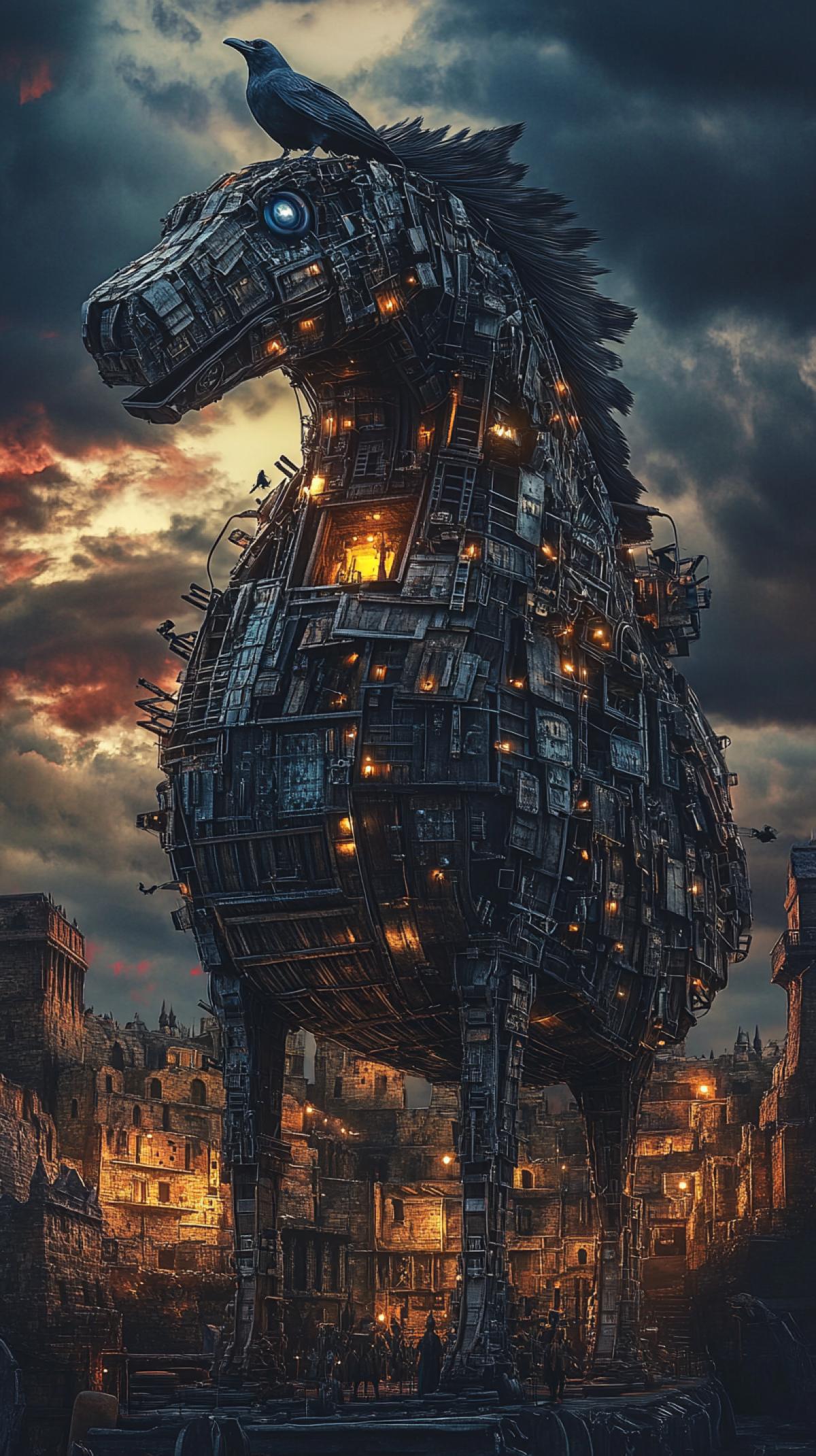 Steampunk, cyberpunk. Crouped detailed plan is the Trojan horse, a dark raven sits on his head, a horse made of wooden boards and bars, small lights sparkle from the inside, the horse stands at the embankment of the city wall of the old city of Troy. Fantasy, crimson clouds, dramatic lighting