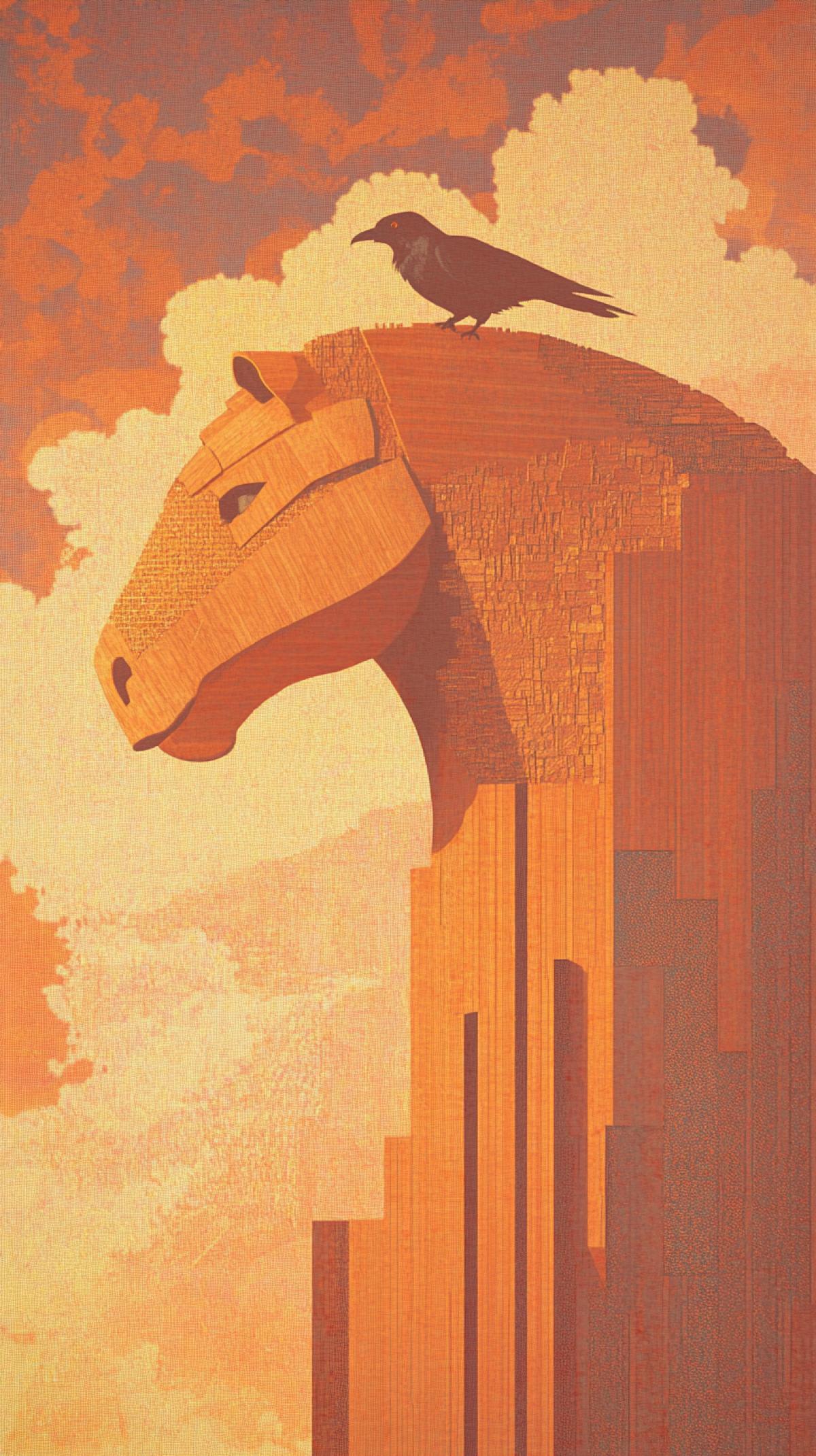 Steampunk, cyberpunk. Crouped detailed plan is the Trojan horse, a dark raven sits on his head, a horse made of wooden boards and bars, small lights sparkle from the inside, the horse stands at the embankment of the city wall of the old city of Troy. Fantasy, crimson clouds, dramatic lighting