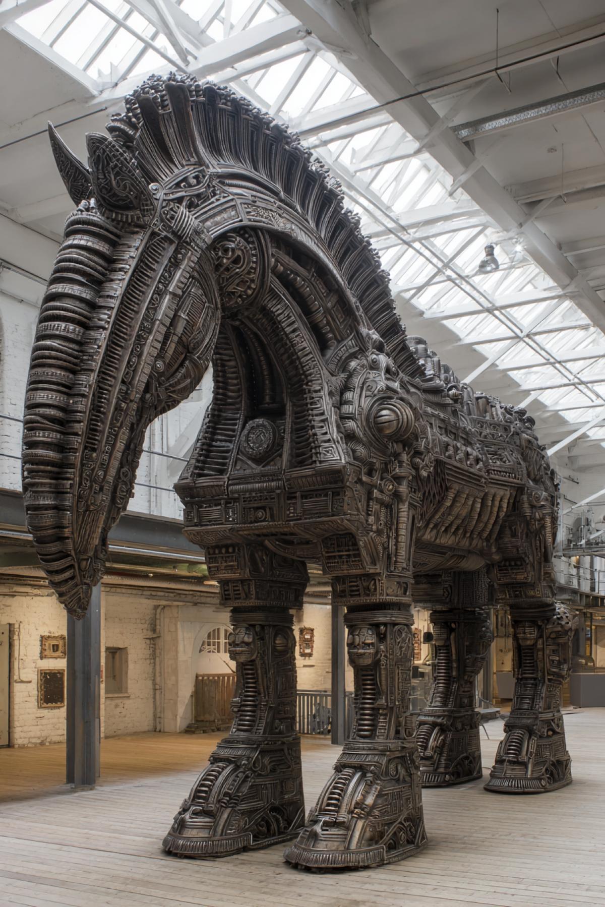 A colossal Trojan Horse, biomechanical horror style by H.R. Giger,