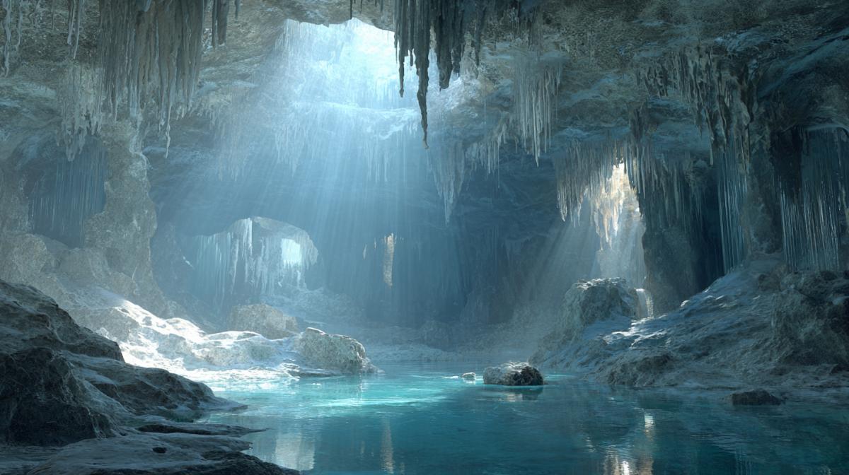 It is necessary to create an image of the internal space of the ice cave. Show the scale, texture of ice and the game of light rays, walls, crystalline formations, frozen stalactites/stalagmites, reflection in reservoirs inside the cave.