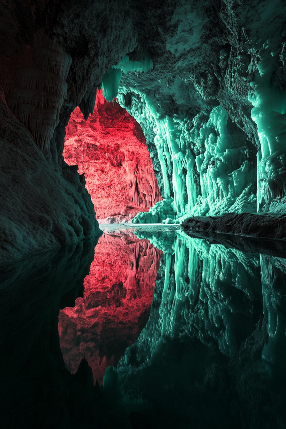Kungur ice cave.. Stalactites and stalagmites are represented by red and green are formed in bizarre figures.. Inside the cave, the lake in which the bottom is not visible, it reflects all the beauty of the ice cave. Unreal beauty of ice and light.