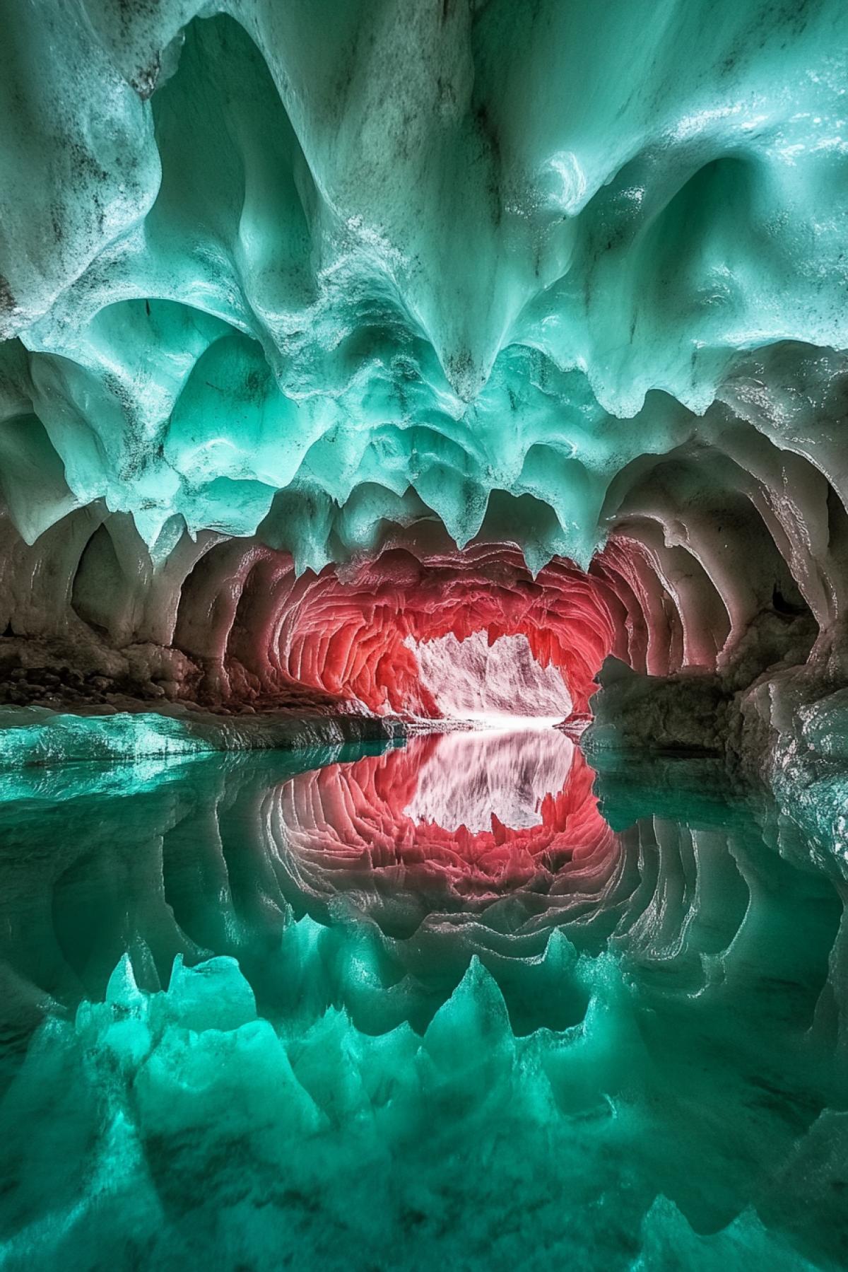 Kungur ice cave.. Stalactites and stalagmites are represented by red and green are formed in bizarre figures.. Inside the cave, the lake in which the bottom is not visible, it reflects all the beauty of the ice cave. Unreal beauty of ice and light.