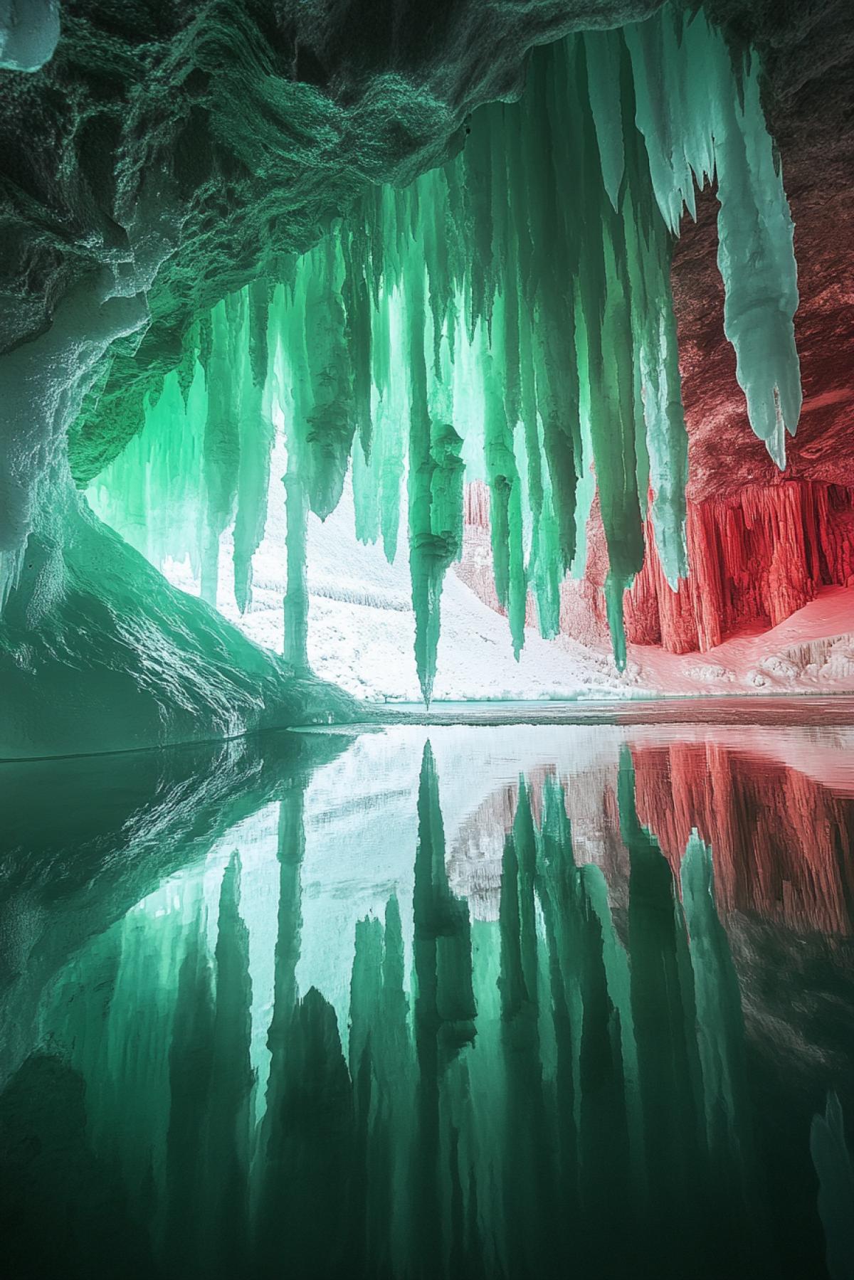 Kungur ice cave.. Stalactites and stalagmites are represented by red and green are formed in bizarre figures.. Inside the cave, the lake in which the bottom is not visible, it reflects all the beauty of the ice cave. Unreal beauty of ice and light.