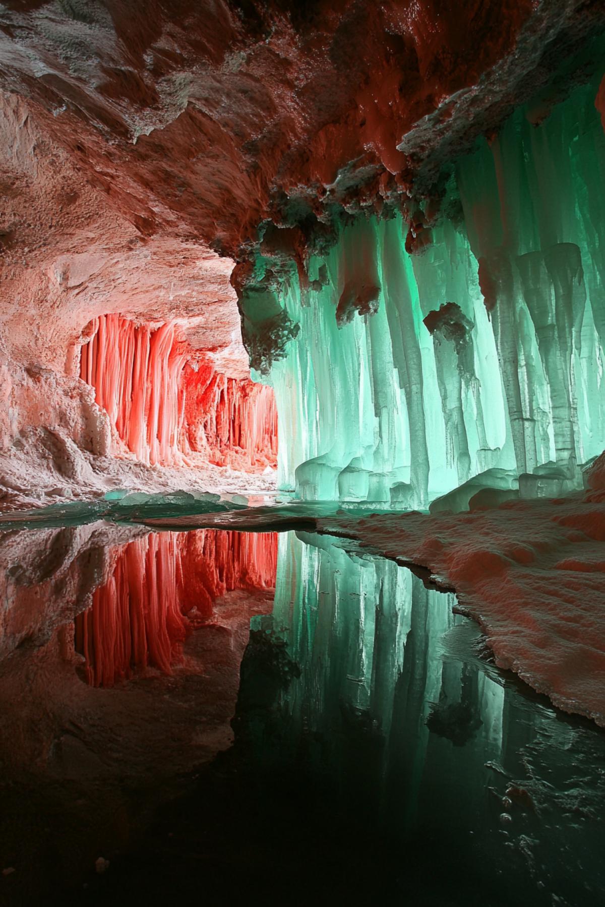 Kungur ice cave.. Stalactites and stalagmites are represented by red and green are formed in bizarre figures.. Inside the cave, the lake in which the bottom is not visible, it reflects all the beauty of the ice cave. Unreal beauty of ice and light.. On the path in the cave, ice sculptures of animals.