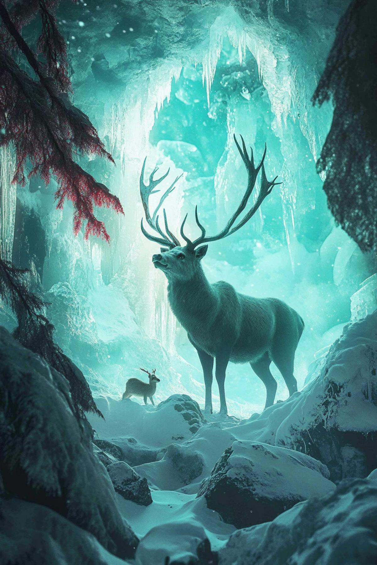 In the ice cave, the figure of marvelous ones from ice, deer, bear, fox, hare, Berui. Everything is highlighted by red birch, green and blue.