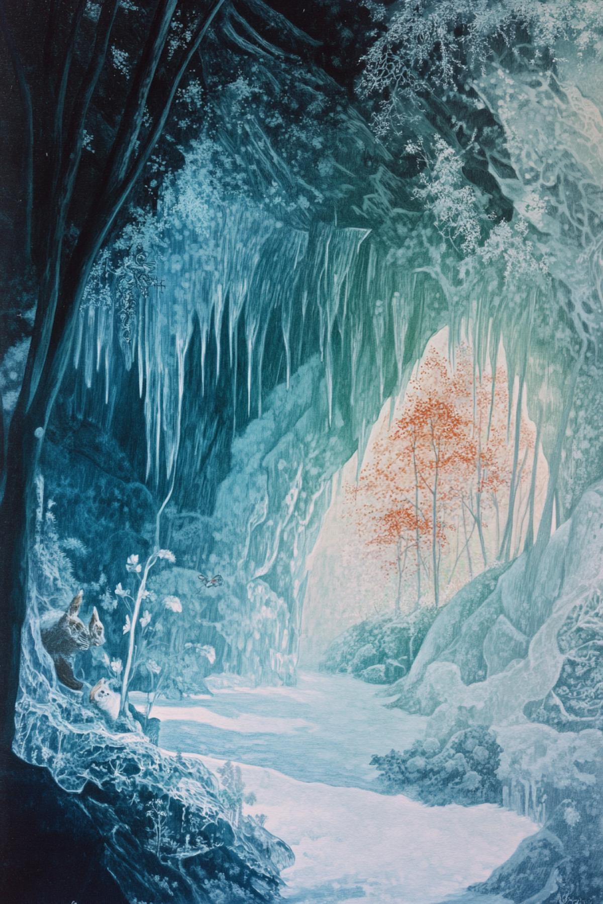 In the ice cave, the figure of marvelous ones from ice, deer, bear, fox, hare, Berui. Everything is highlighted by red birch, green and blue.