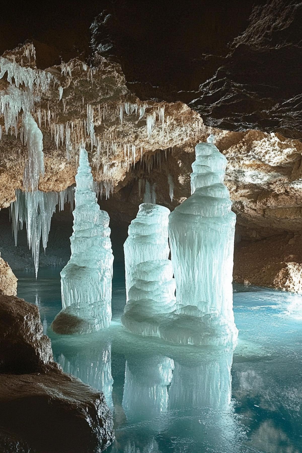 Ice cave, stalactites and stalagmites grow and sparkles, reflects in the gross lake in a cave
