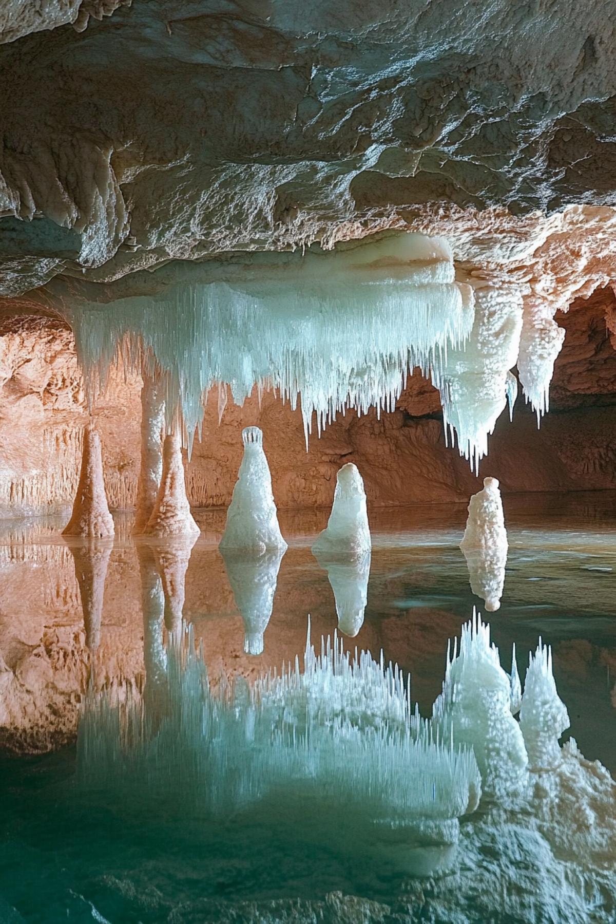Ice cave, stalactites and stalagmites grow and sparkles, reflects in the gross lake in a cave