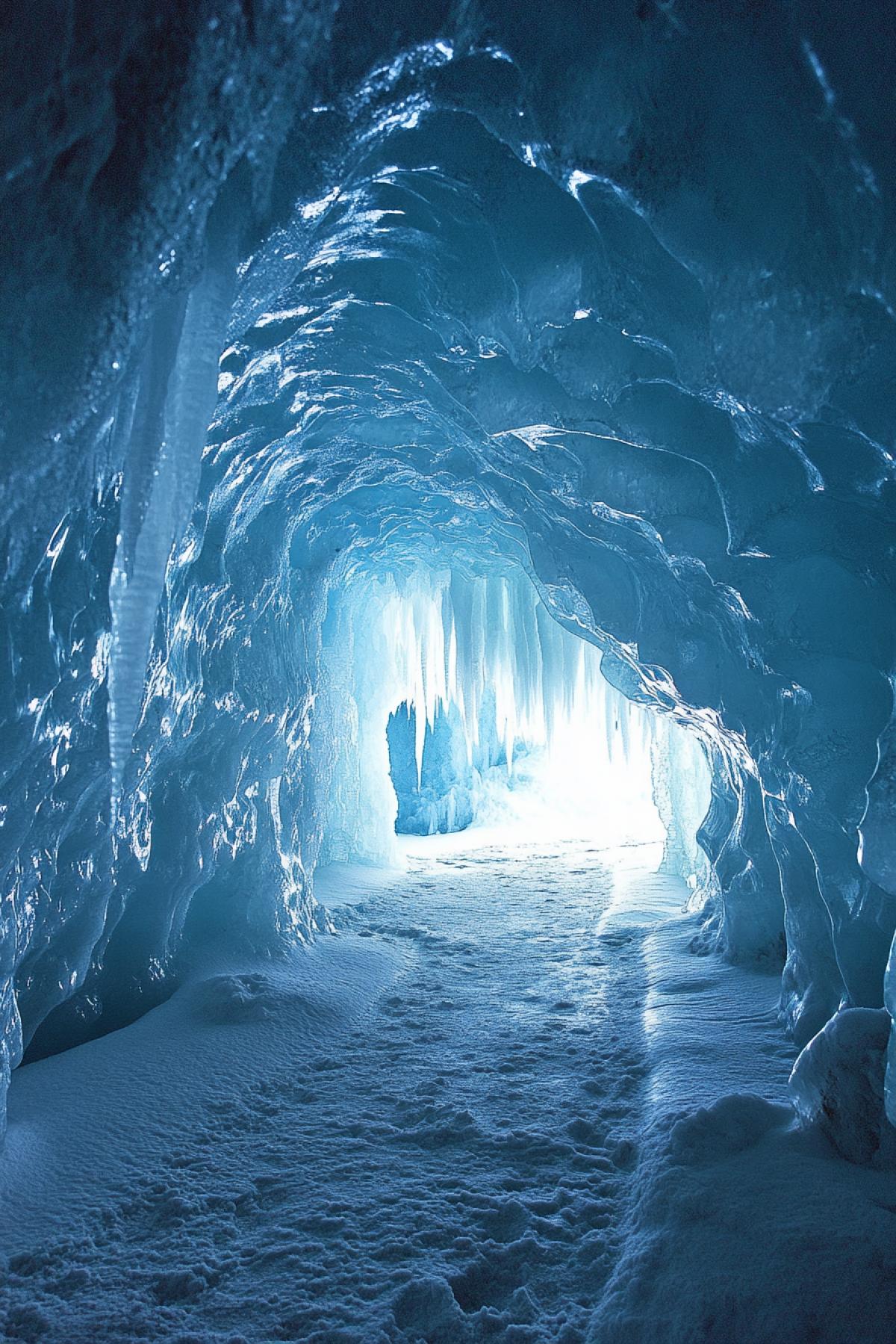 Closed ice cave, rays of light break through illuminating stalactites and stalamites, everything sparkles in the style of fantasy