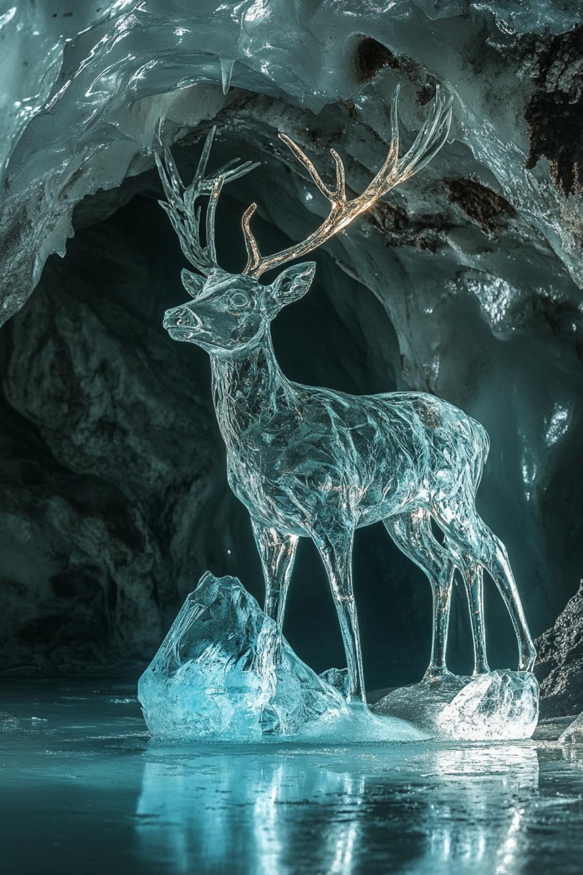 In the ice cave, a transparent statue from the ice of a deer, shone with a breakin light, a dark lake, reflects a thin light.